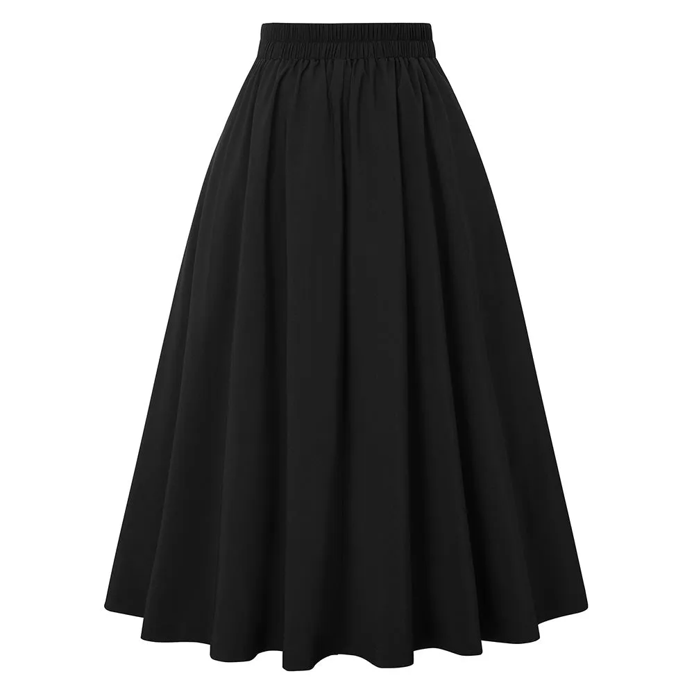 Pleated Buttons Decorated Elastic Waist High Waist Swing A-Line Skirt with Pockets