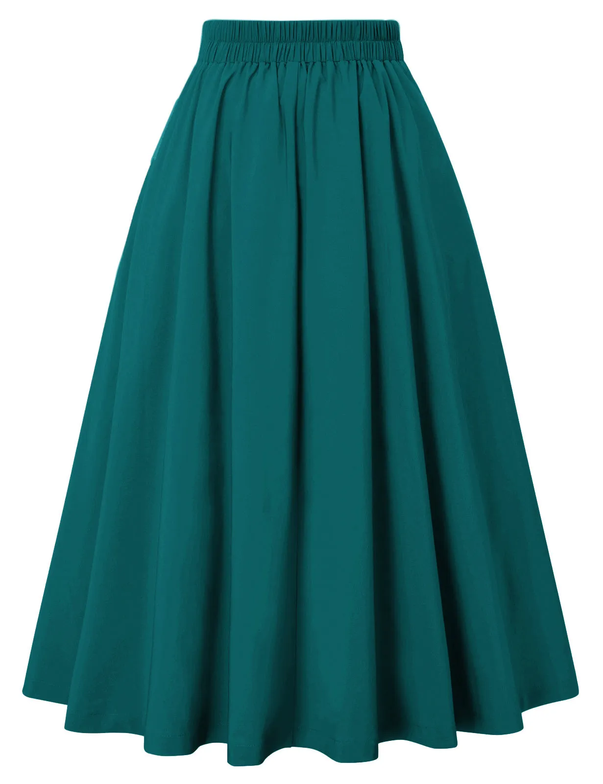 Pleated Buttons Decorated Elastic Waist High Waist Swing A-Line Skirt with Pockets