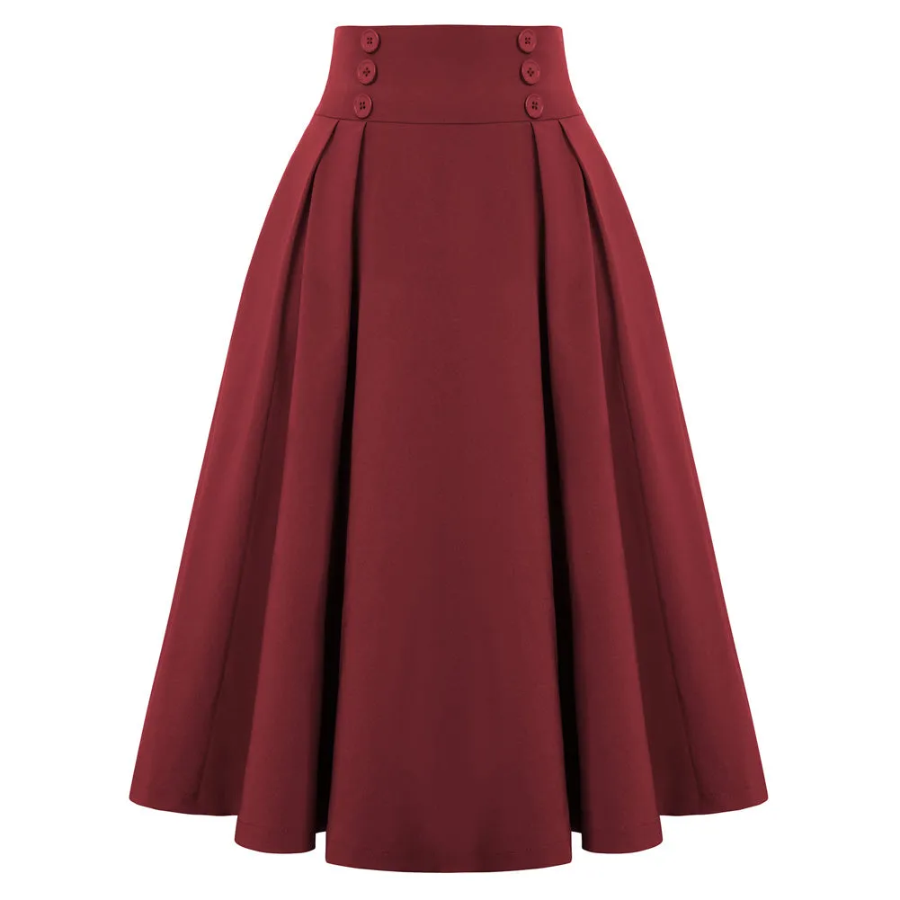 Pleated Buttons Decorated Elastic Waist High Waist Swing A-Line Skirt with Pockets