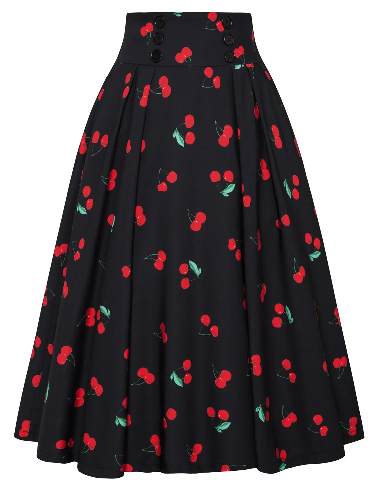 Pleated Buttons Decorated Elastic Waist High Waist Swing A-Line Skirt with Pockets