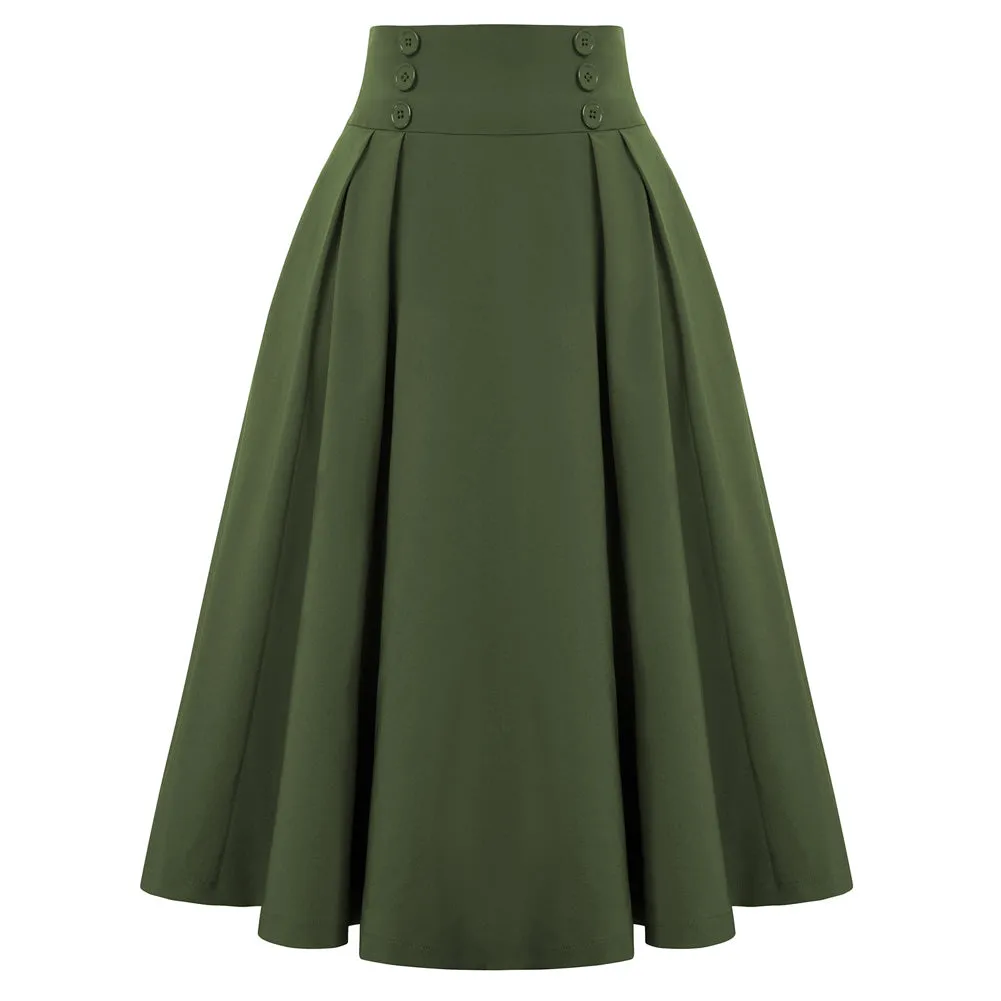 Pleated Buttons Decorated Elastic Waist High Waist Swing A-Line Skirt with Pockets