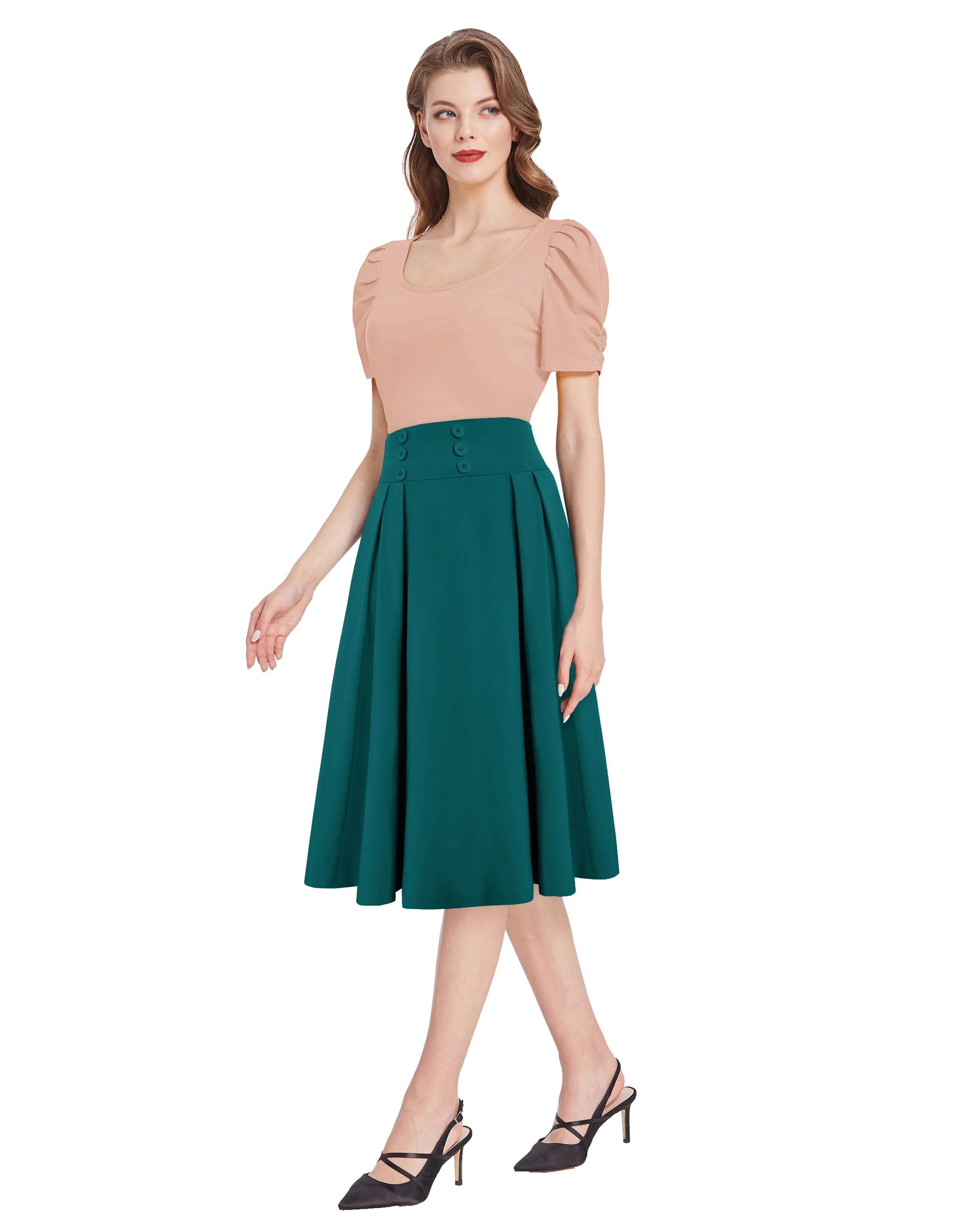 Pleated Buttons Decorated Elastic Waist High Waist Swing A-Line Skirt with Pockets