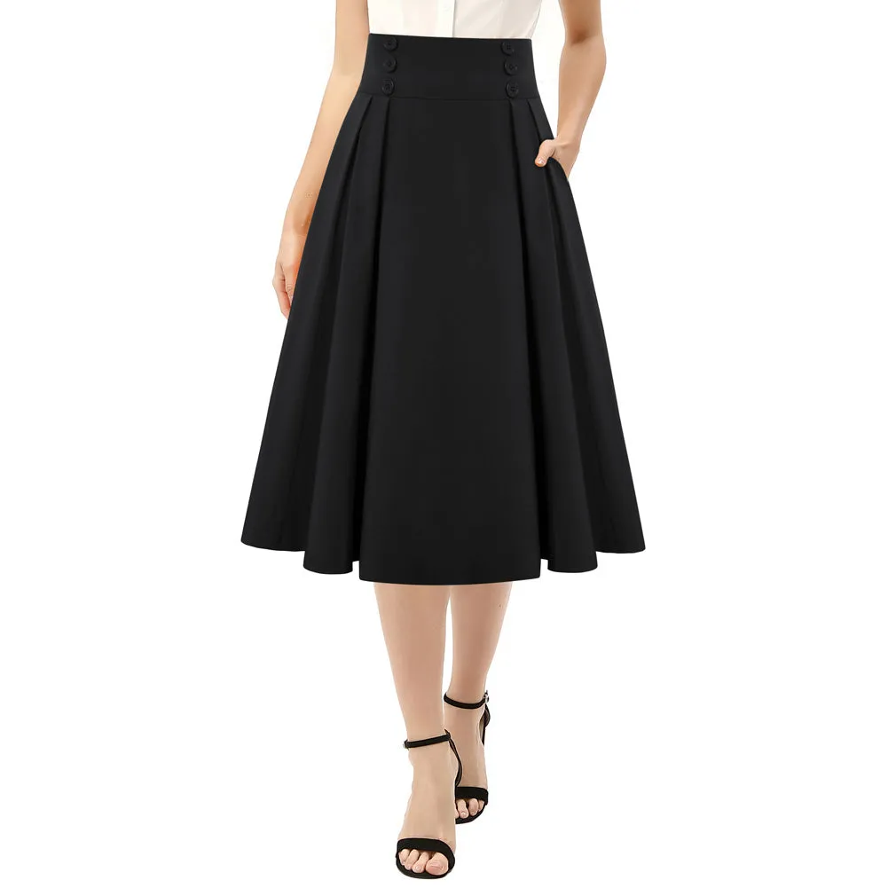 Pleated Buttons Decorated Elastic Waist High Waist Swing A-Line Skirt with Pockets