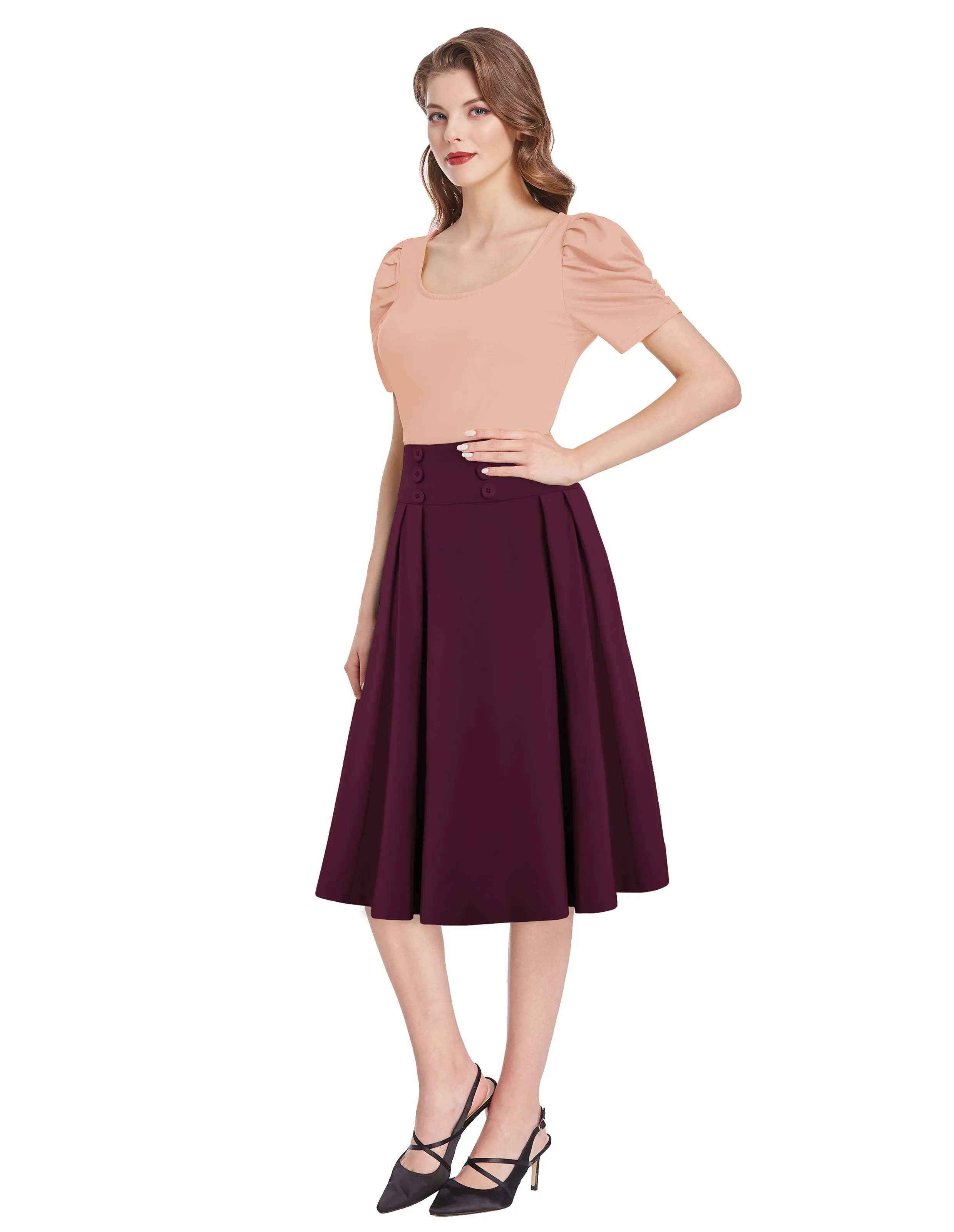 Pleated Buttons Decorated Elastic Waist High Waist Swing A-Line Skirt with Pockets