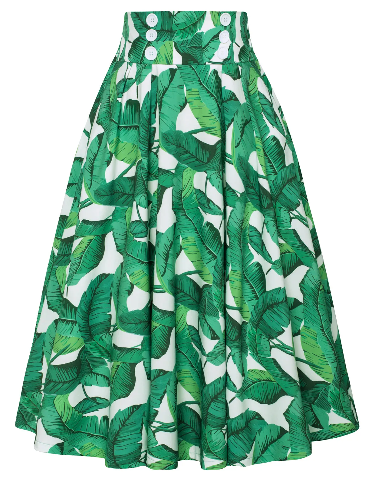 Pleated Buttons Decorated Elastic Waist High Waist Swing A-Line Skirt with Pockets