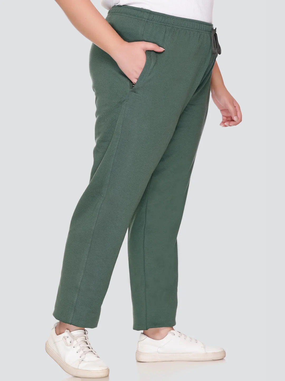 Plus Size Winters Cozy Fleece Track Pants For Women - Olive Green