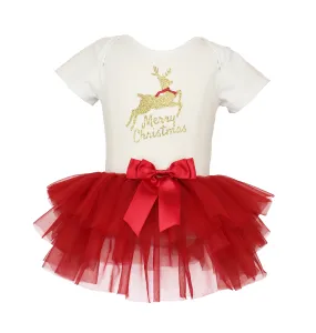 Popatu Baby Girls Gold Reindeer "Merry Christmas" Skirted Bodysuit