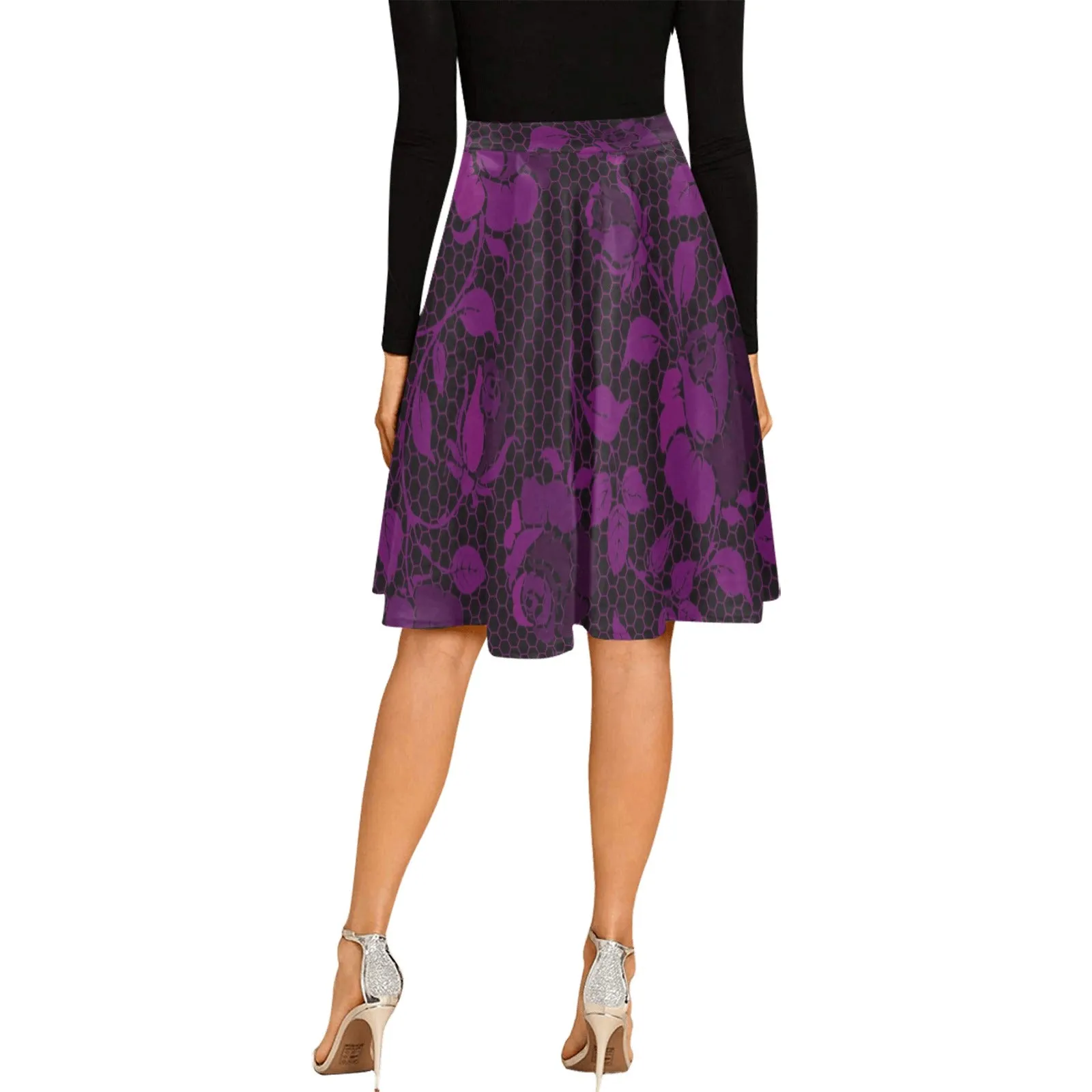 purple rose print 4 Melete Pleated Midi Skirt (Model D15)