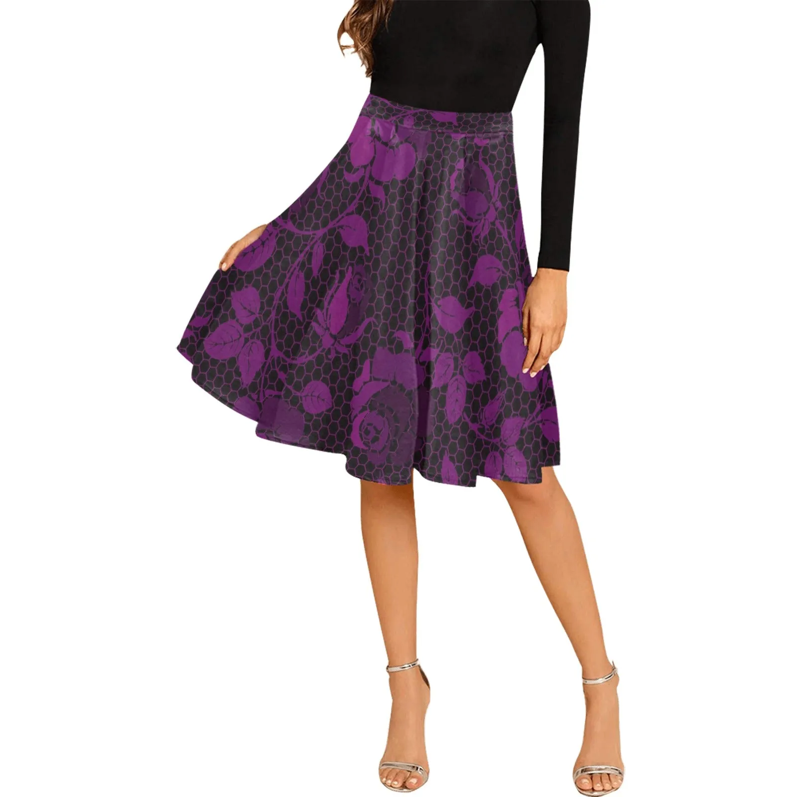 purple rose print 4 Melete Pleated Midi Skirt (Model D15)