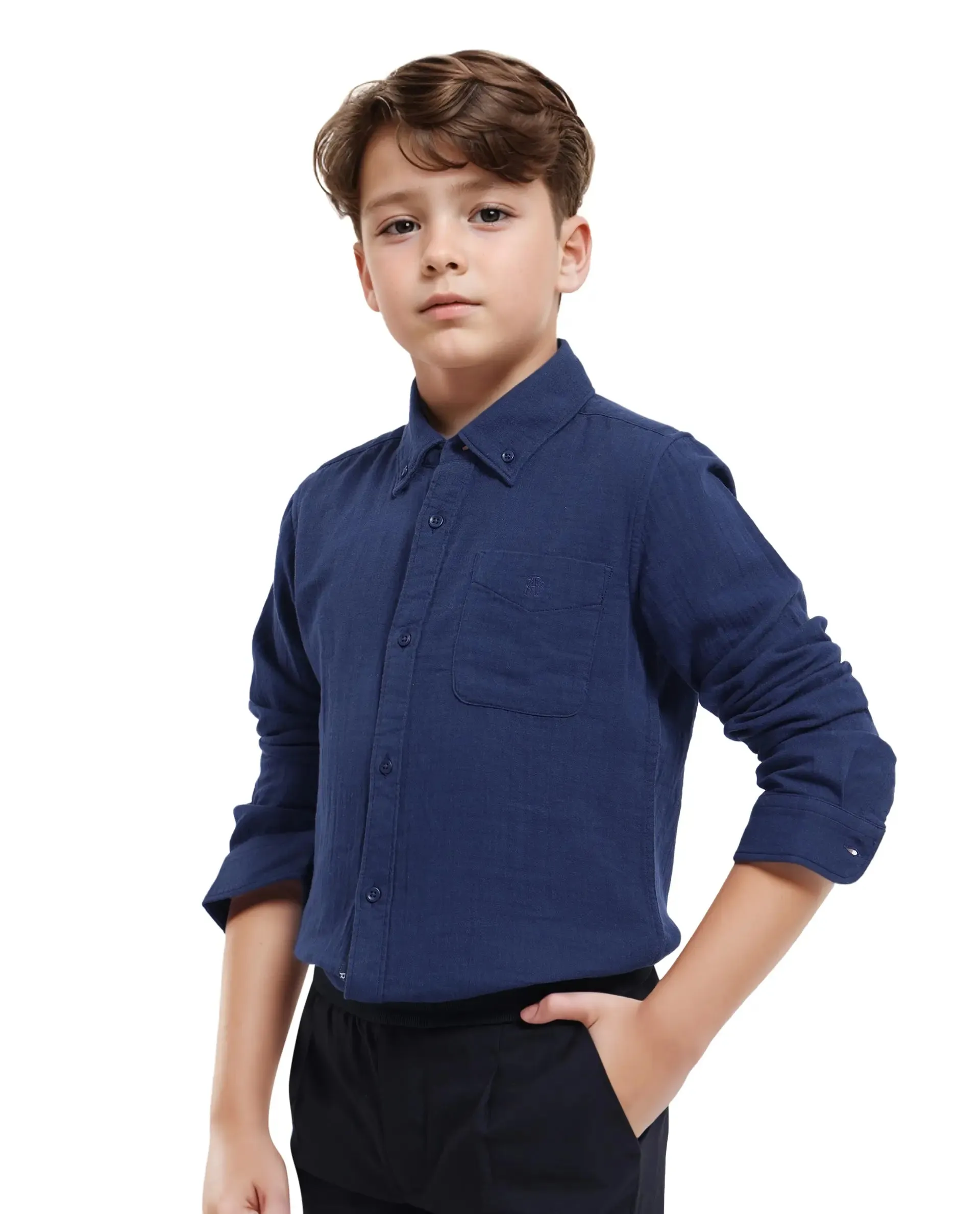 Rare Ones Kids Presto Navy Cotton Full Sleeve Regular Fit Button Down Solid Shirt