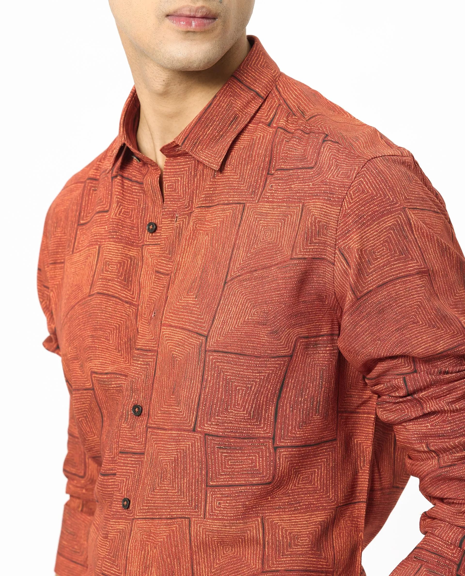 Rare Rabbit Mens Berman Rust Viscose Fabric Full Sleeves Geometric Print Shirt