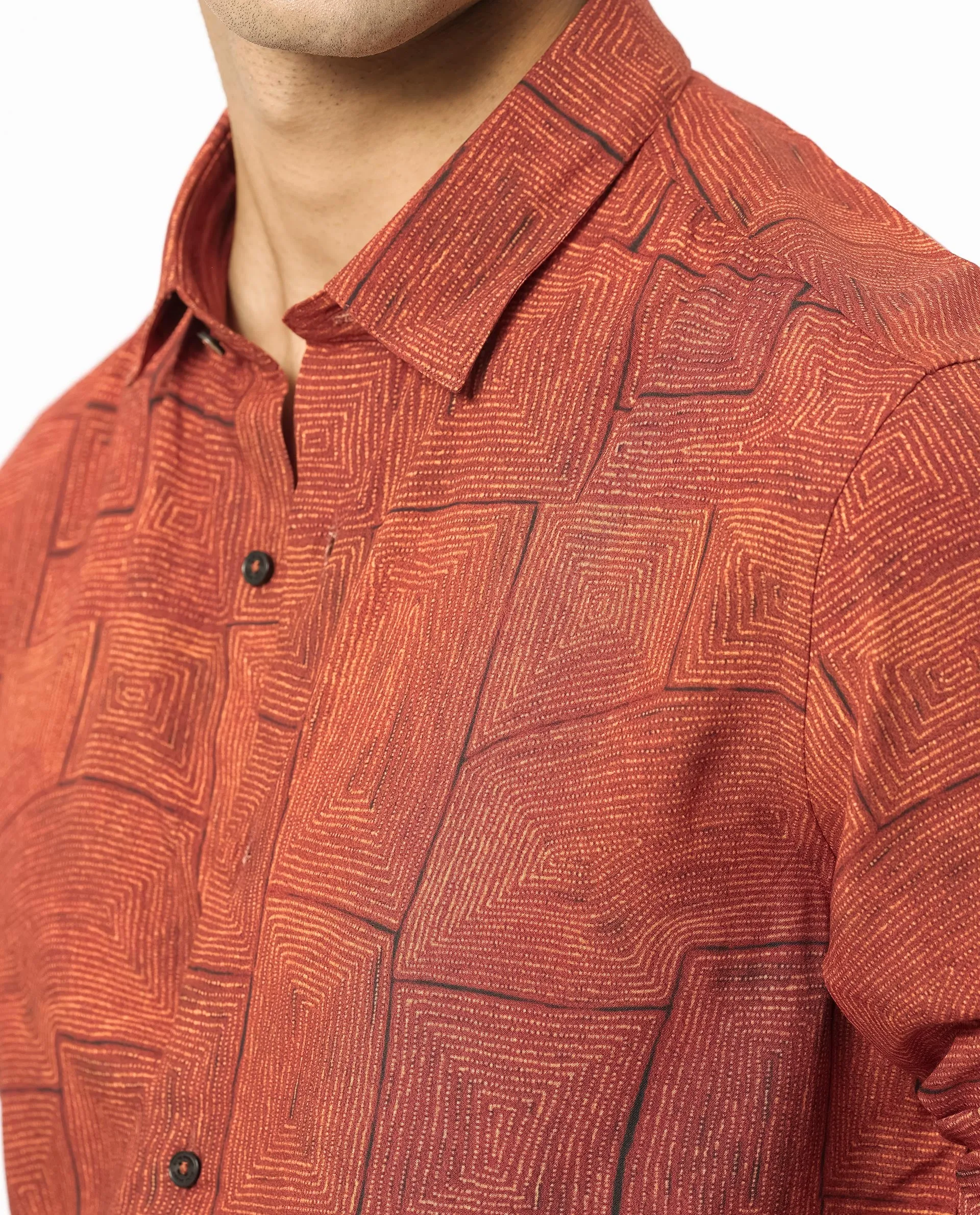 Rare Rabbit Mens Berman Rust Viscose Fabric Full Sleeves Geometric Print Shirt