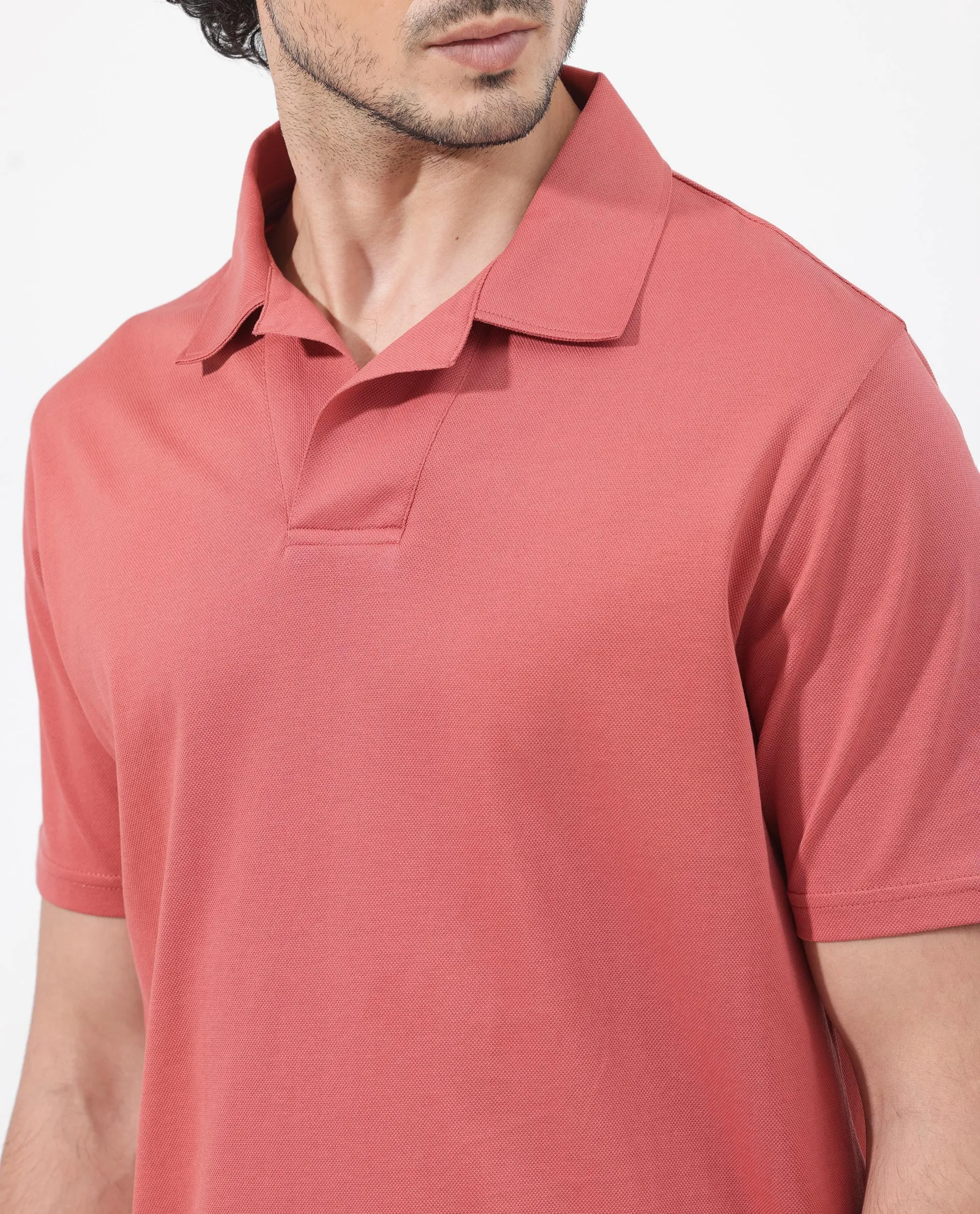 Rare Rabbit Mens Brillio Red Cotton Fabric Johnny Collar Short Sleeve Solid Polo T-Shirt