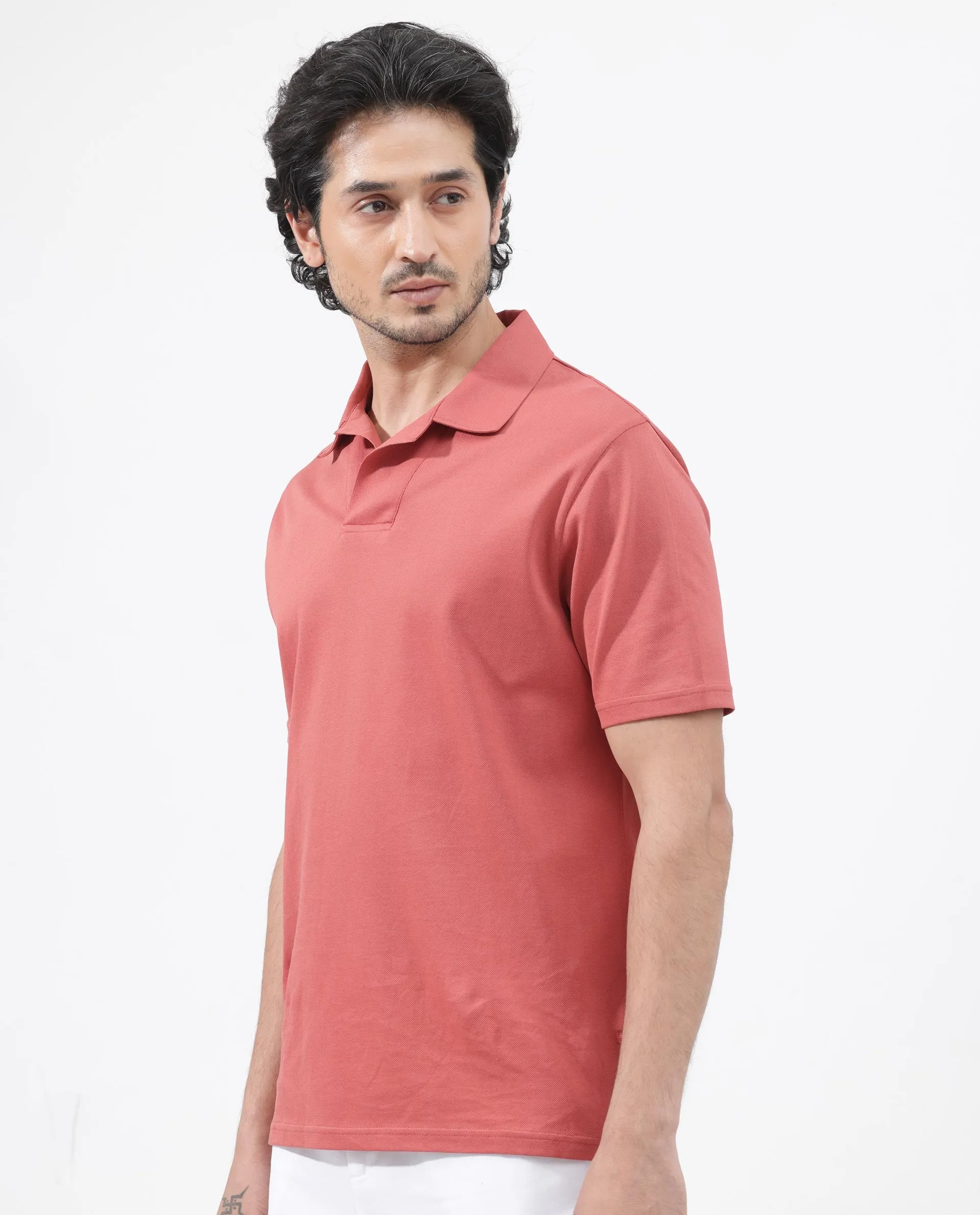 Rare Rabbit Mens Brillio Red Cotton Fabric Johnny Collar Short Sleeve Solid Polo T-Shirt