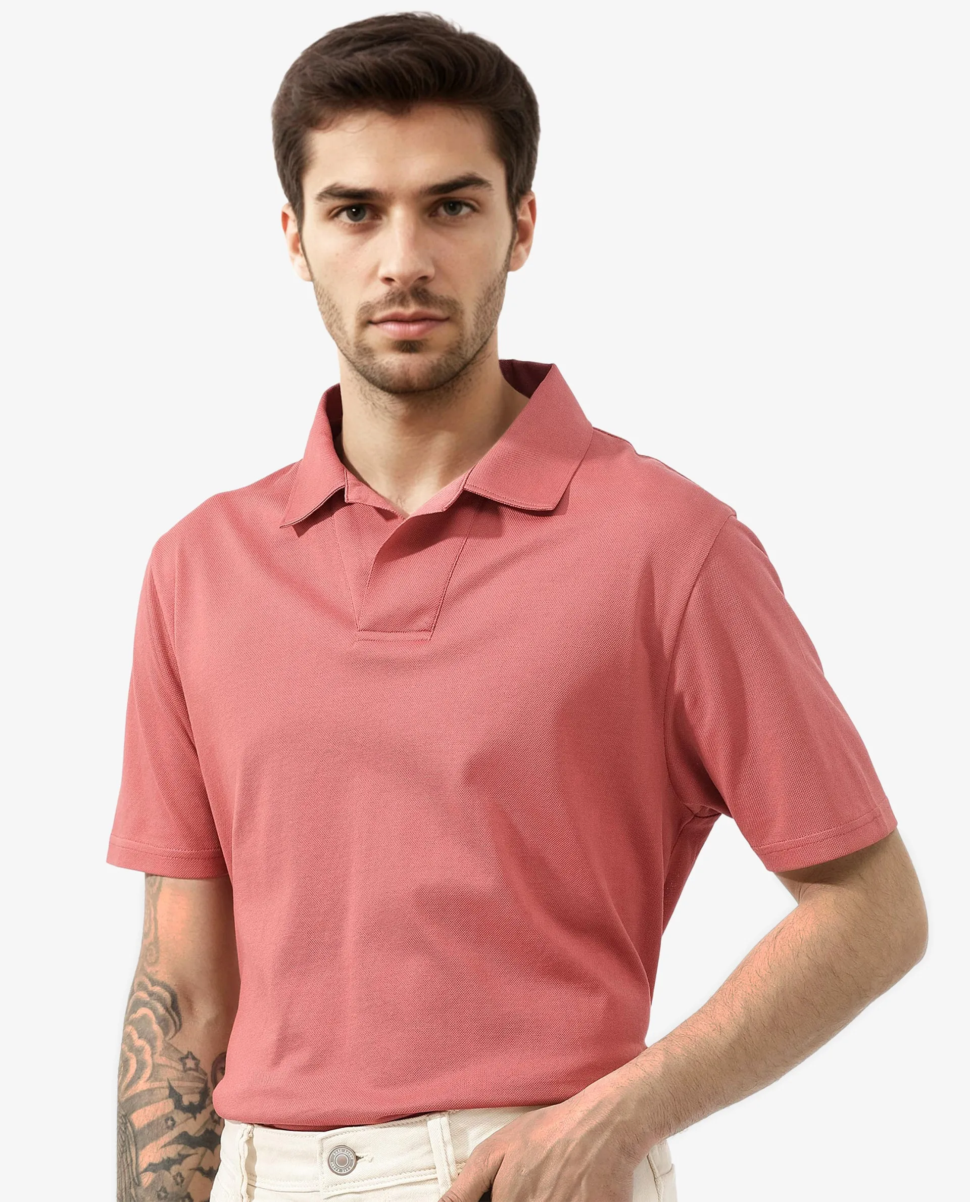 Rare Rabbit Mens Brillio Red Cotton Fabric Johnny Collar Short Sleeve Solid Polo T-Shirt