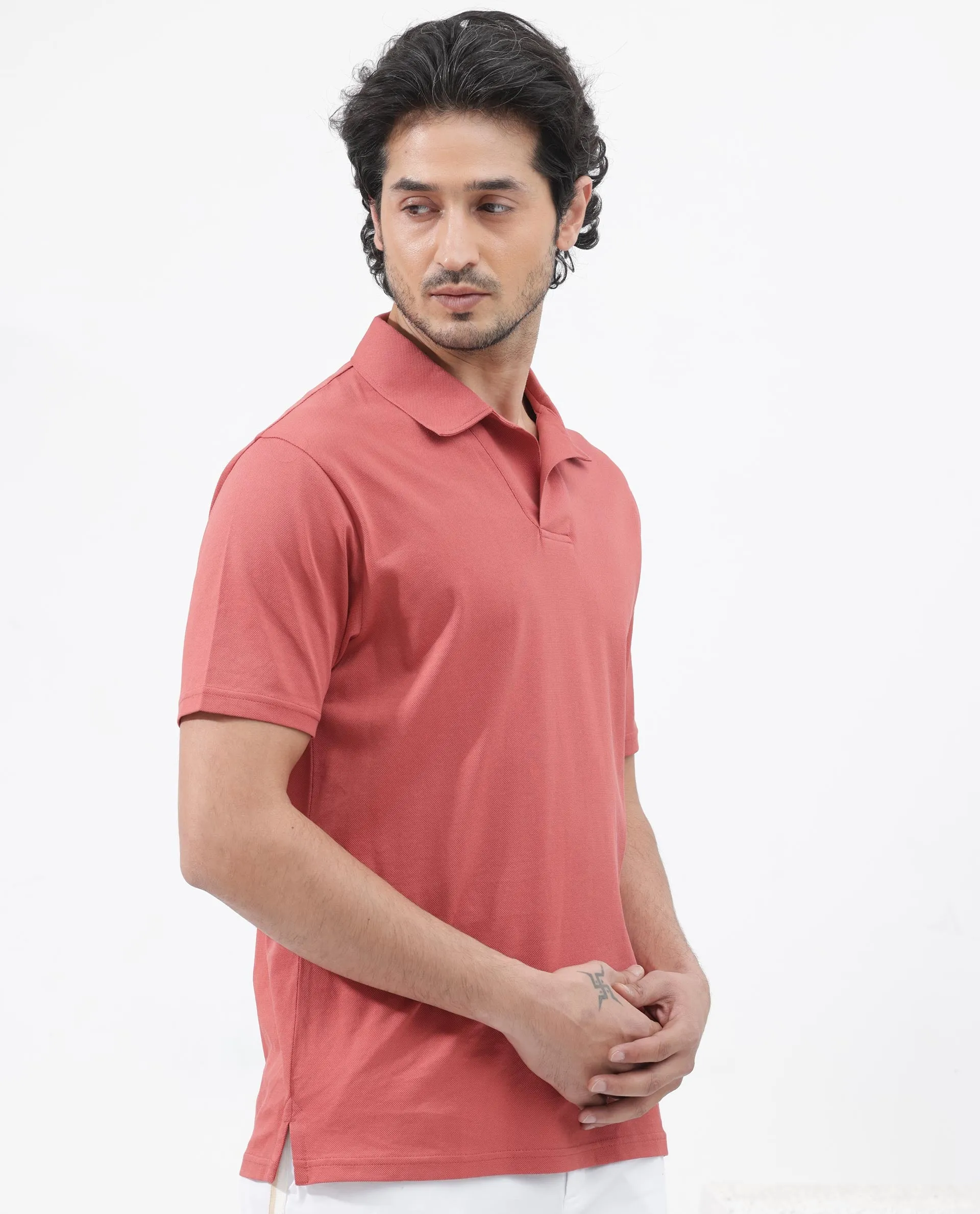 Rare Rabbit Mens Brillio Red Cotton Fabric Johnny Collar Short Sleeve Solid Polo T-Shirt