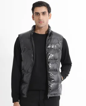 Rare Rabbit Men's Cover Black Metallic High Neck Quilted Puffer Jacket