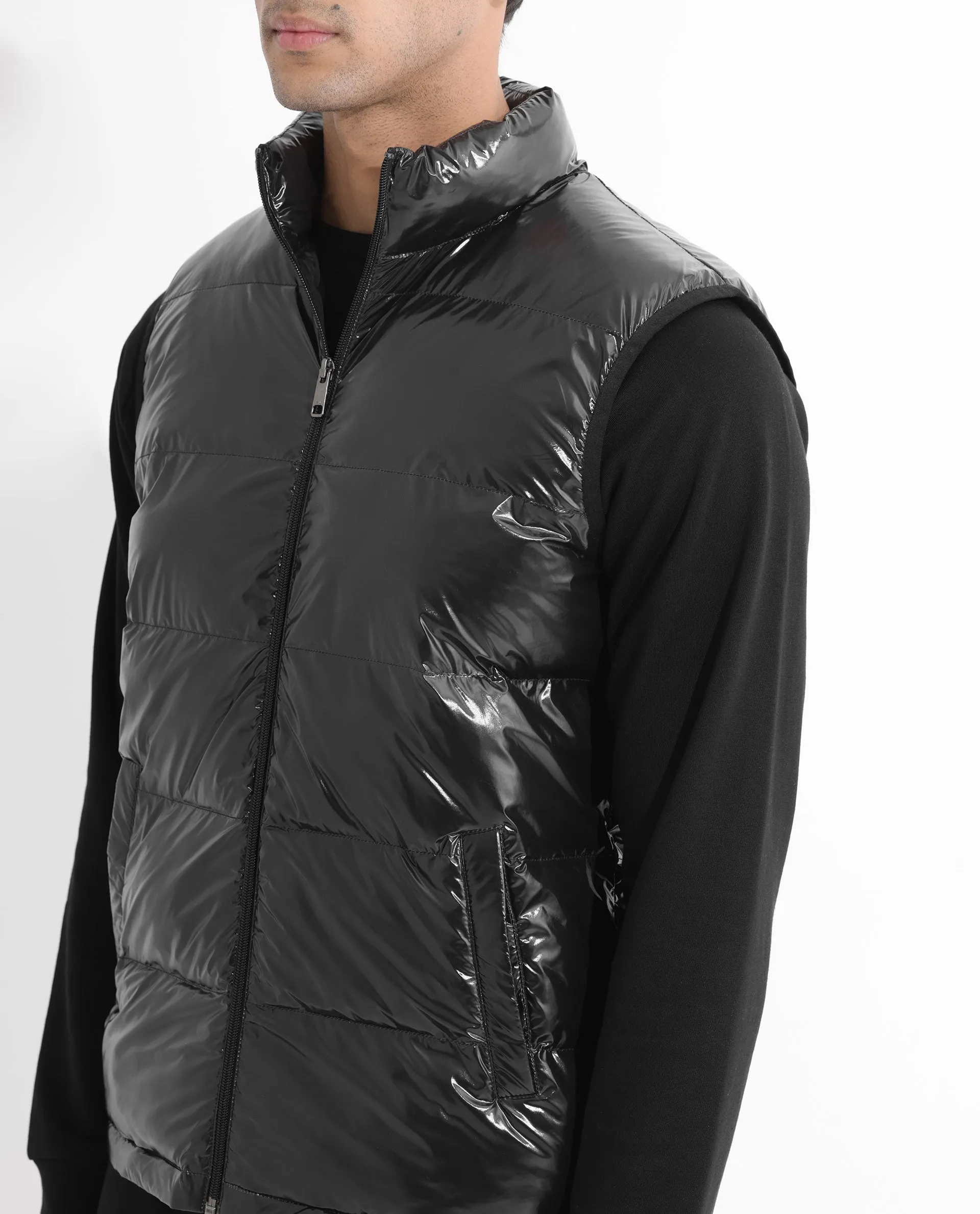 Rare Rabbit Men's Cover Black Metallic High Neck Quilted Puffer Jacket