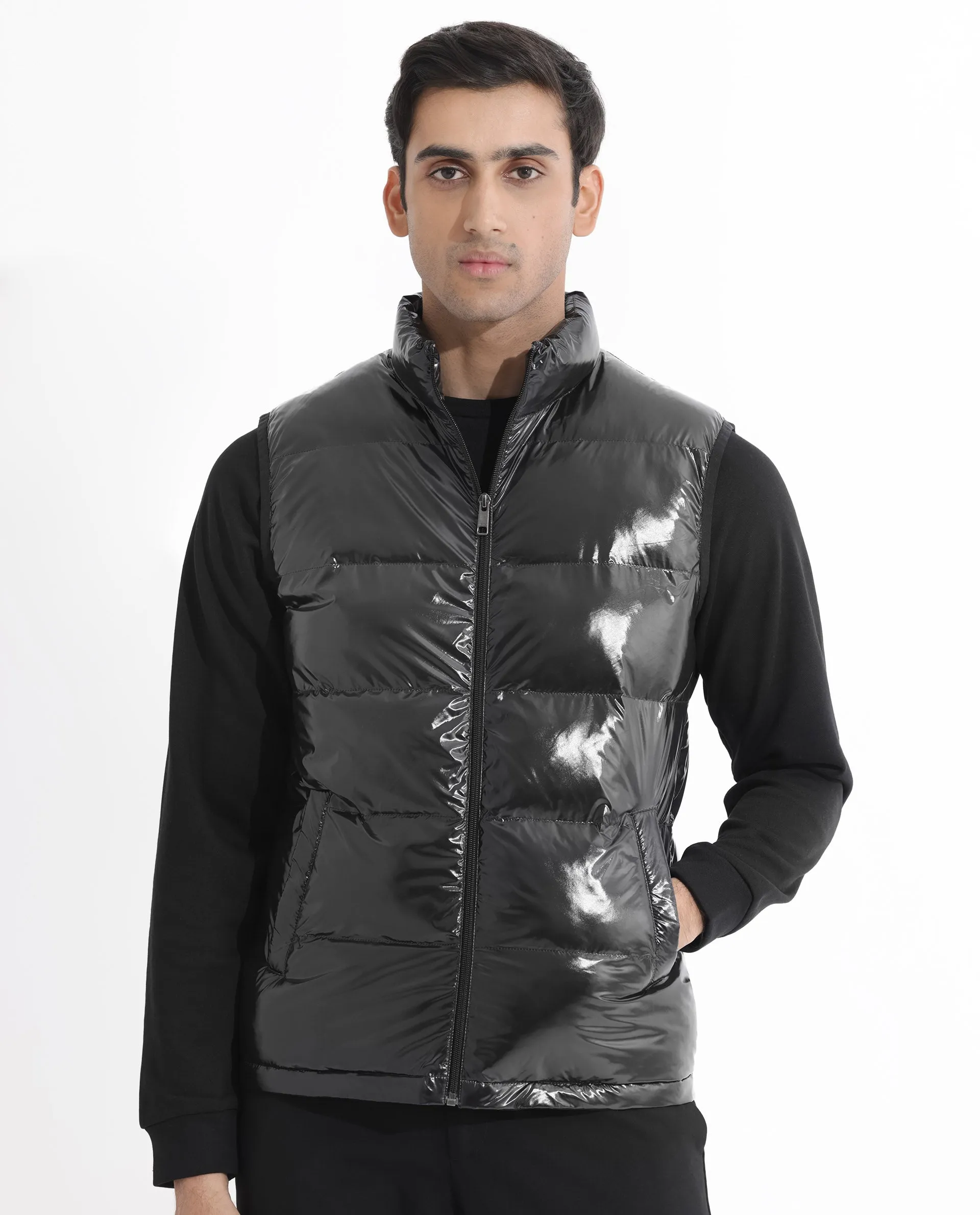 Rare Rabbit Men's Cover Black Metallic High Neck Quilted Puffer Jacket