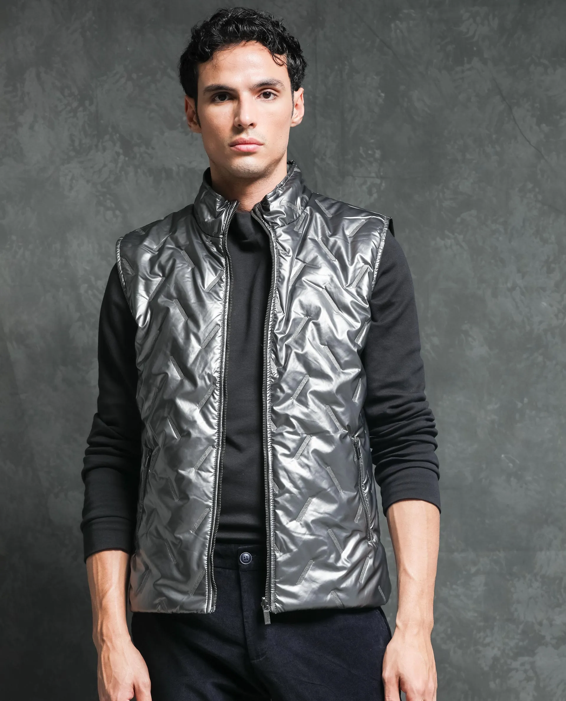 Rare Rabbit Men's Linda Silver Metallic Sleeveless Reversible Puffer Jacket