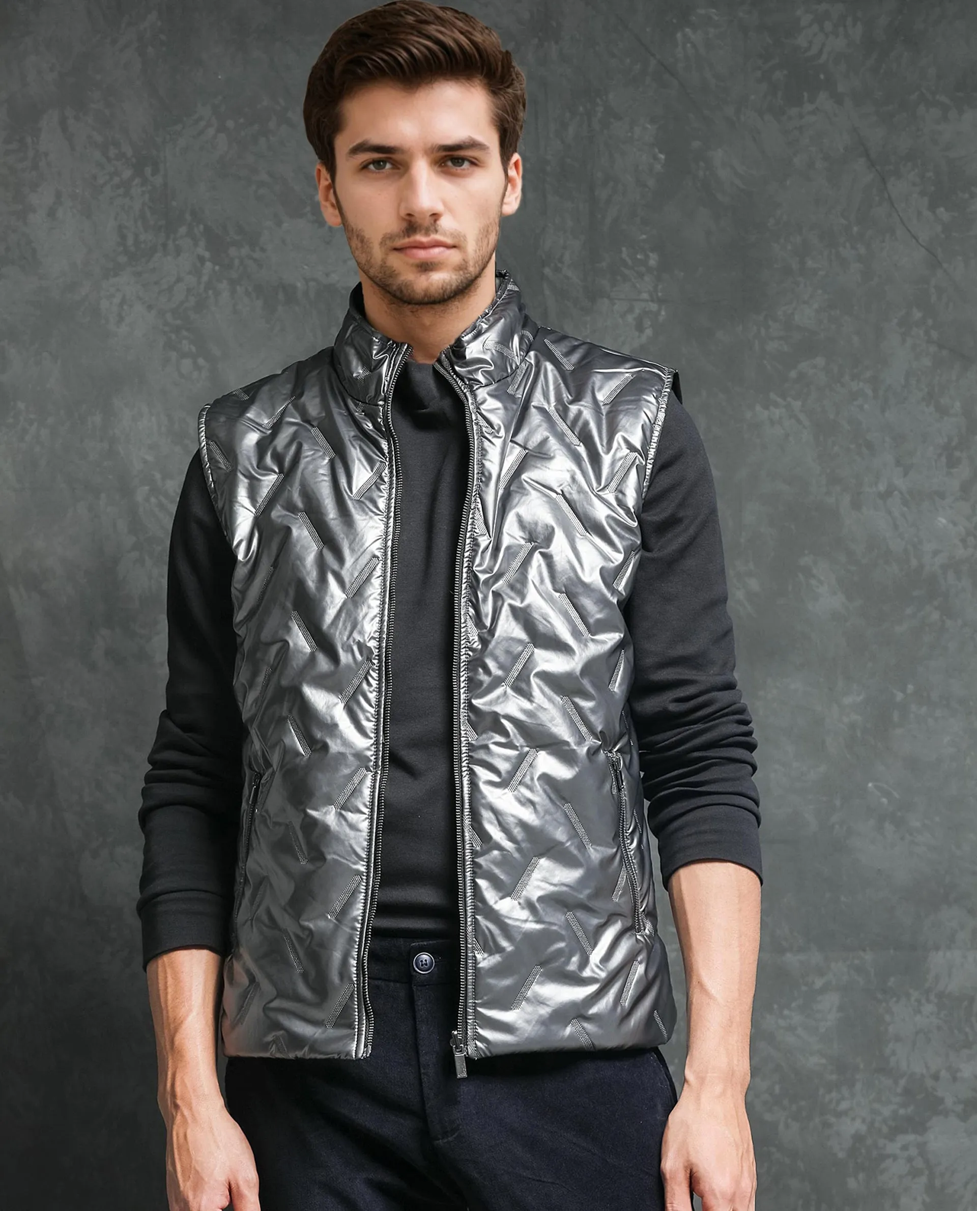 Rare Rabbit Men's Linda Silver Metallic Sleeveless Reversible Puffer Jacket