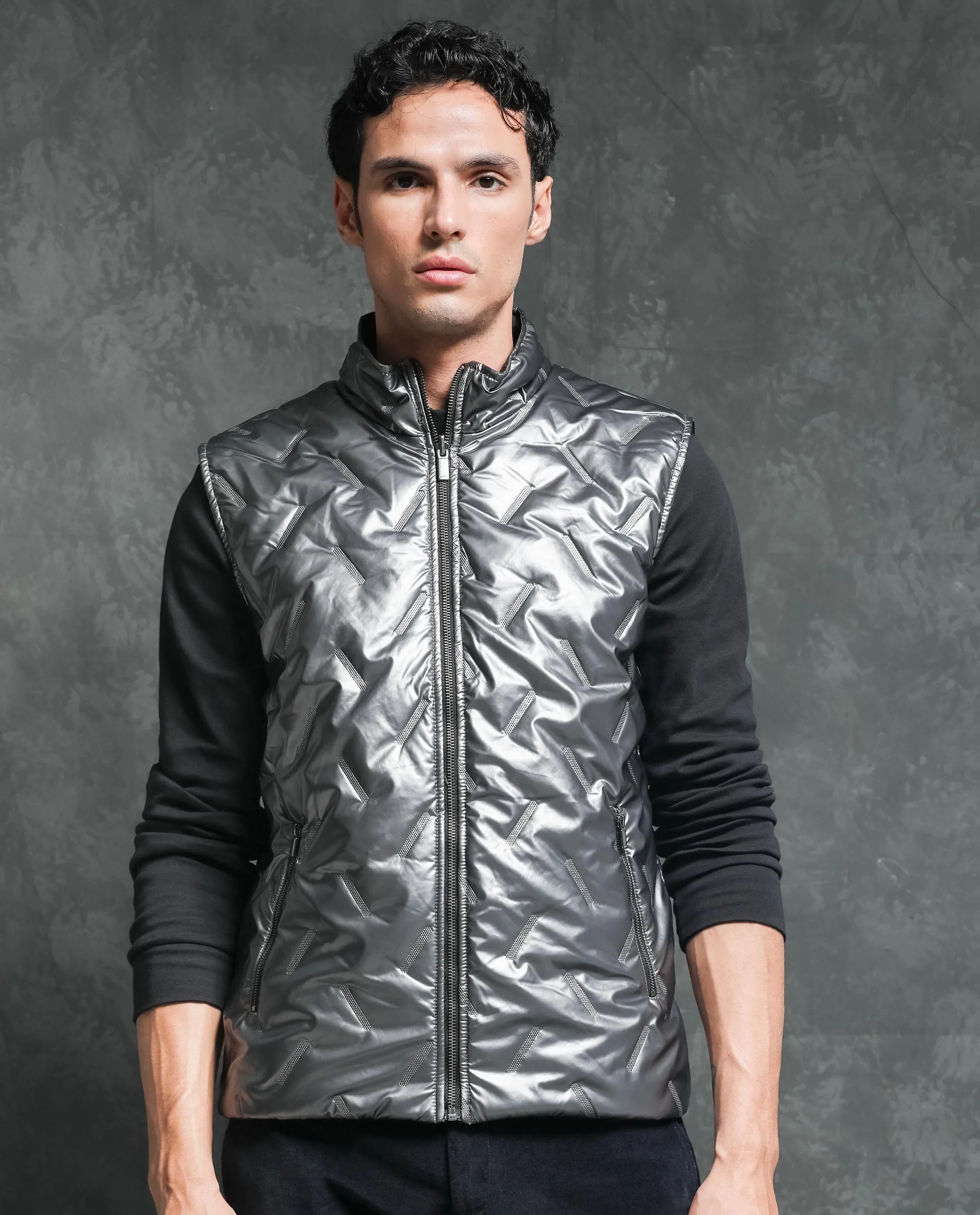 Rare Rabbit Men's Linda Silver Metallic Sleeveless Reversible Puffer Jacket