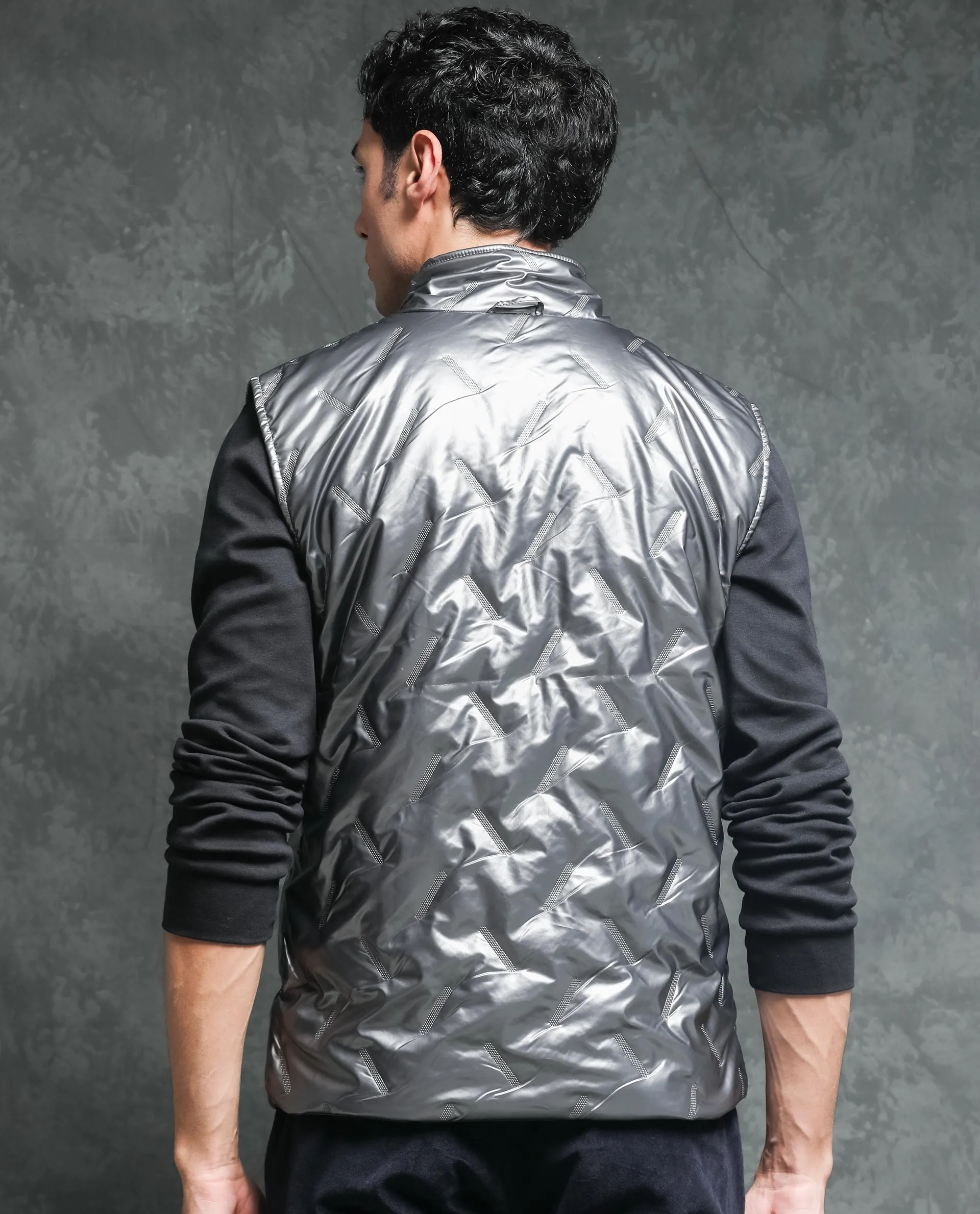 Rare Rabbit Men's Linda Silver Metallic Sleeveless Reversible Puffer Jacket