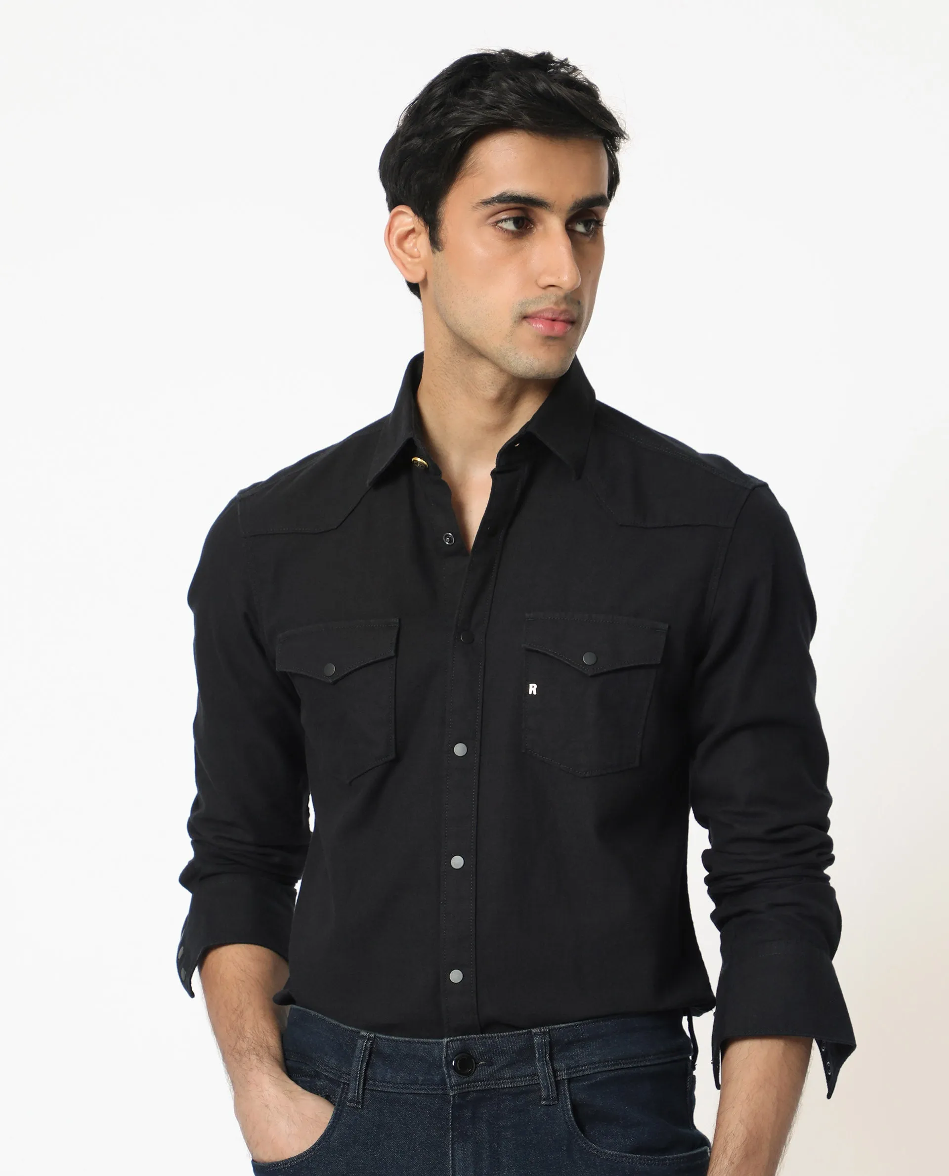 Rare Rabbit Men's Taison Black Cotton Fabric Full Sleeves Denim Shirt