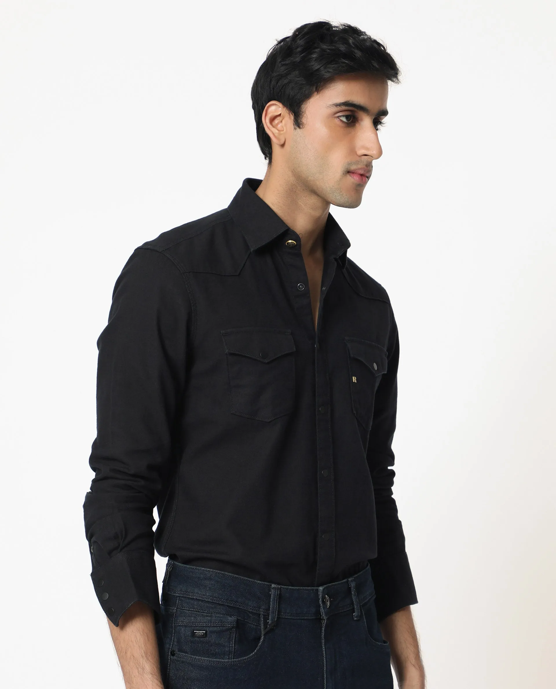 Rare Rabbit Men's Taison Black Cotton Fabric Full Sleeves Denim Shirt