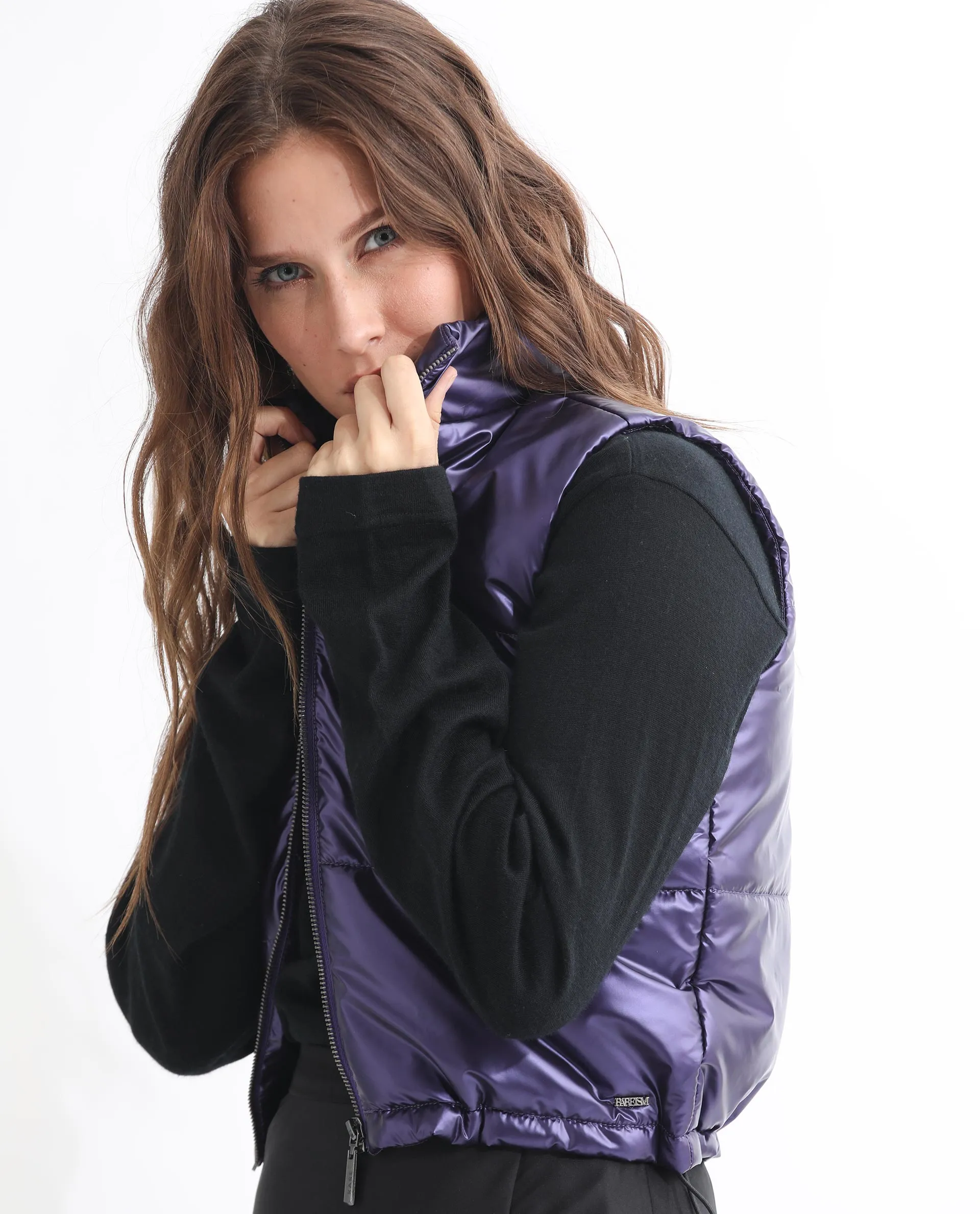 Rareism Women Mindy Purple Polyester Fabric Sleeveless Solid High Neck Jacket