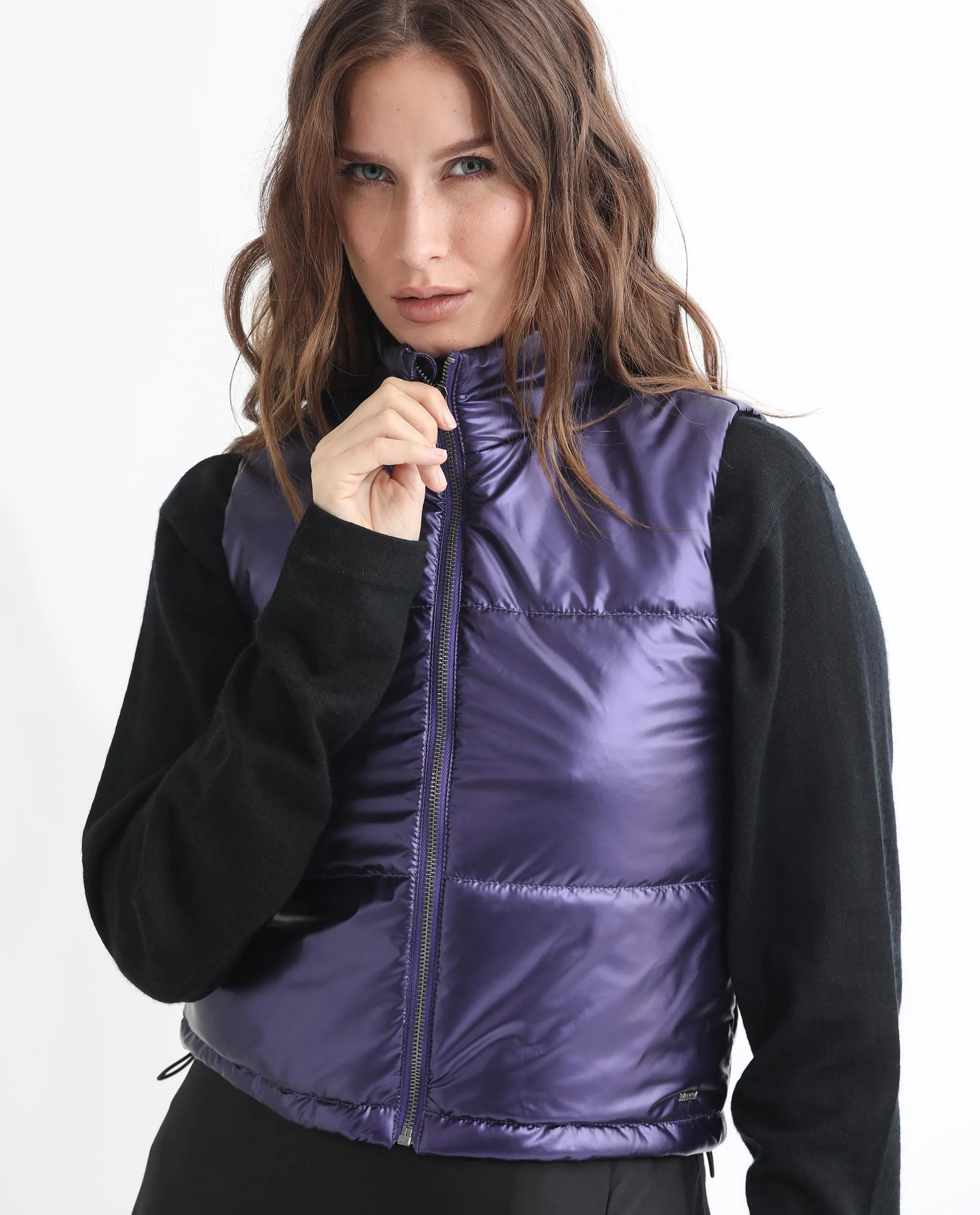 Rareism Women Mindy Purple Polyester Fabric Sleeveless Solid High Neck Jacket