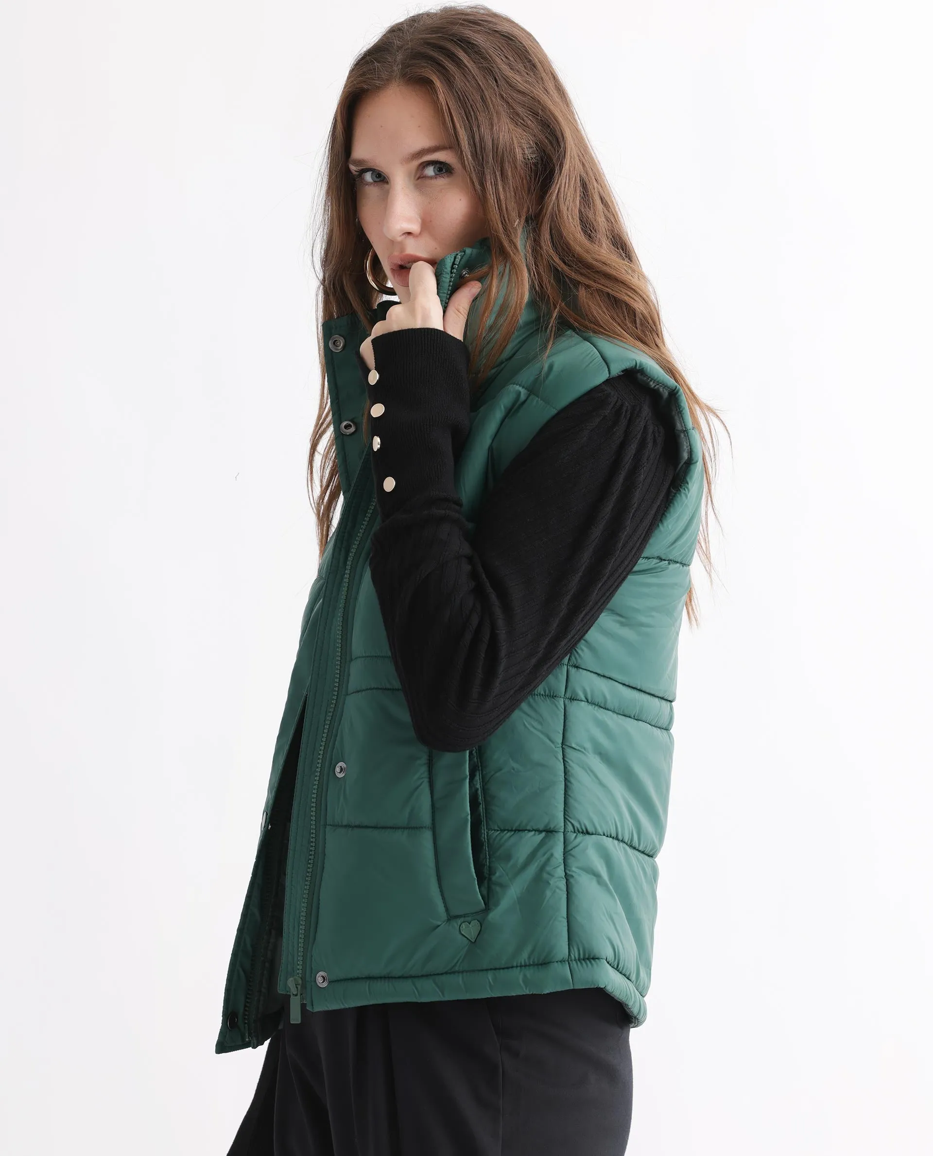 Rareism Women Ziazan Green Polyester Fabric Sleeveless Solid High Neck Jacket