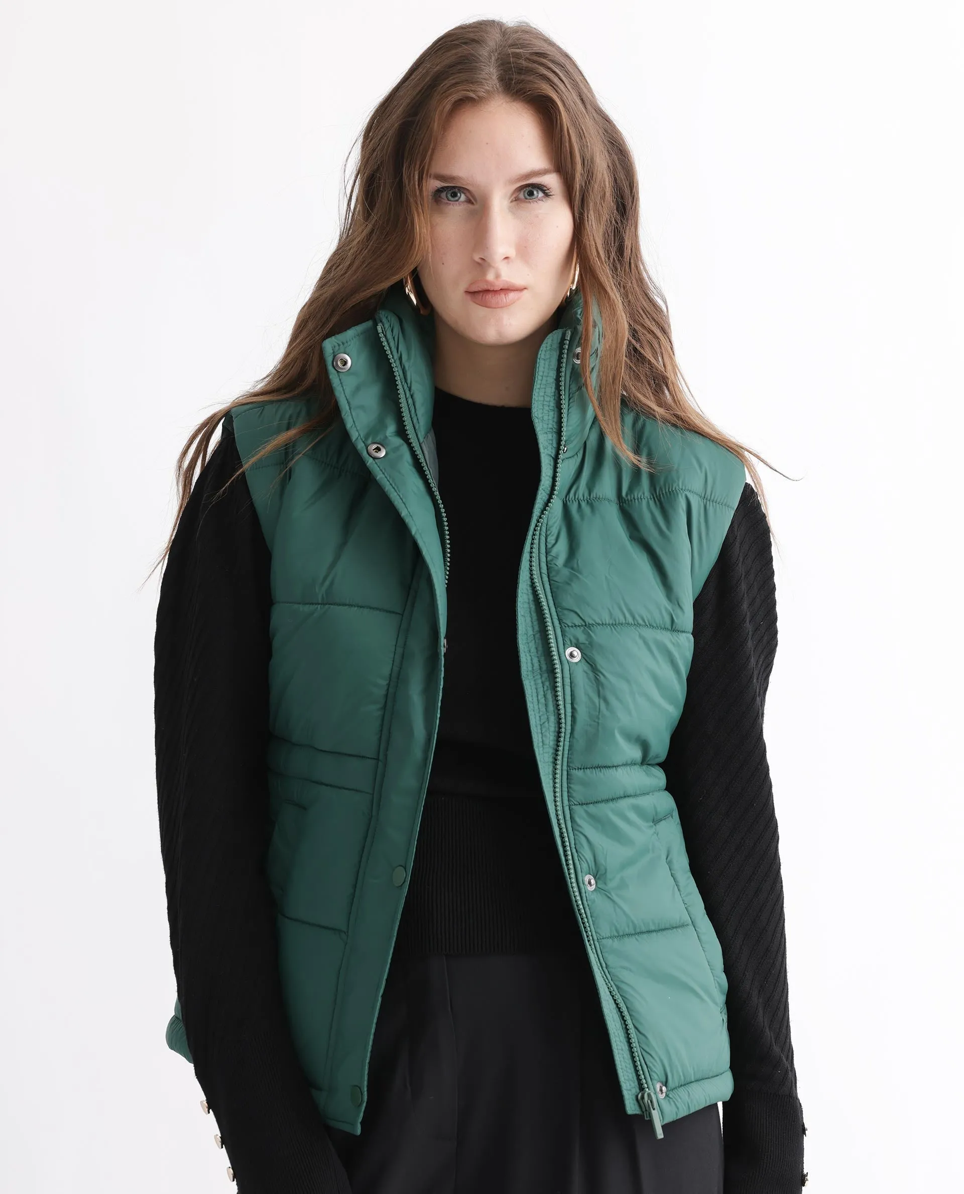 Rareism Women Ziazan Green Polyester Fabric Sleeveless Solid High Neck Jacket