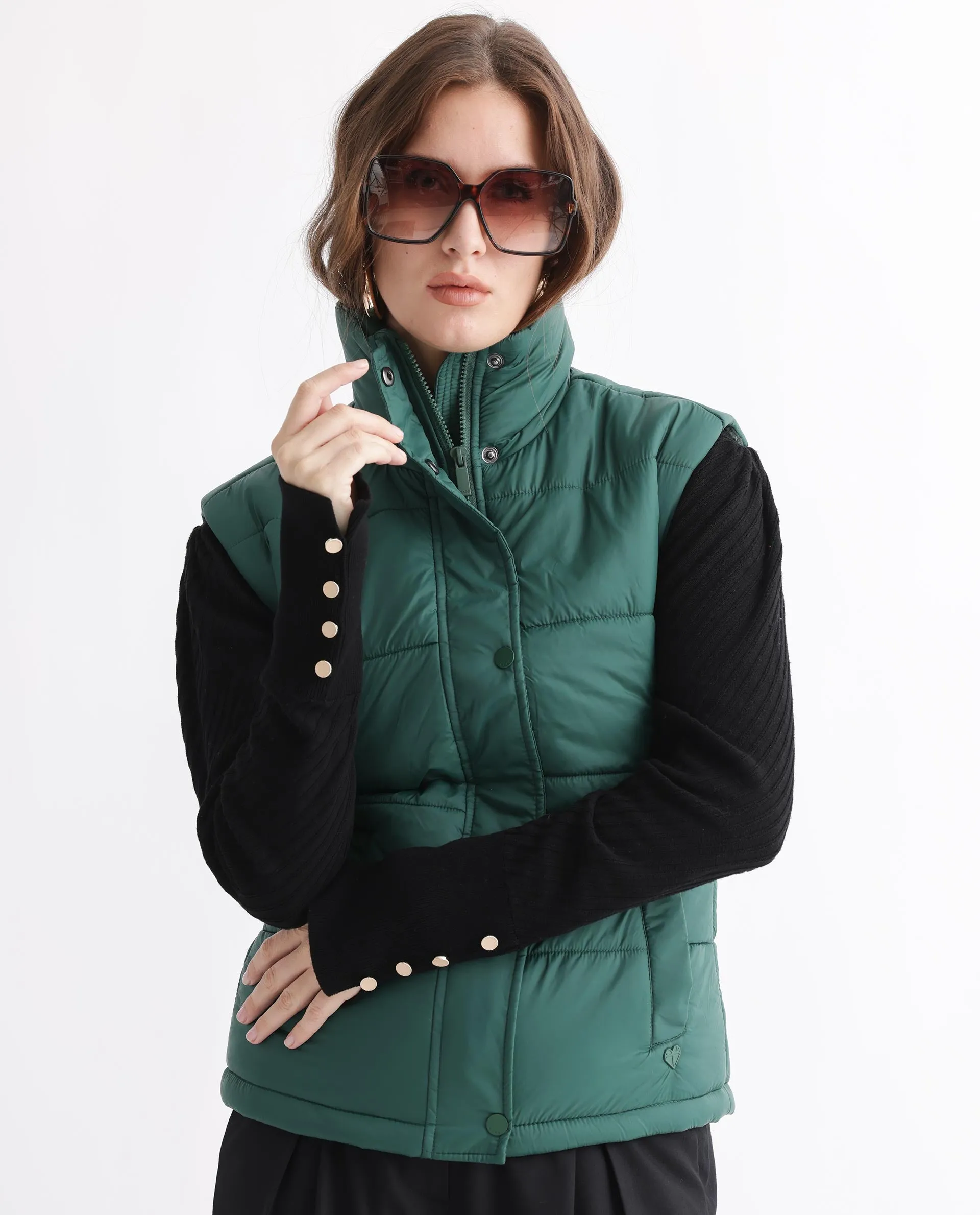 Rareism Women Ziazan Green Polyester Fabric Sleeveless Solid High Neck Jacket