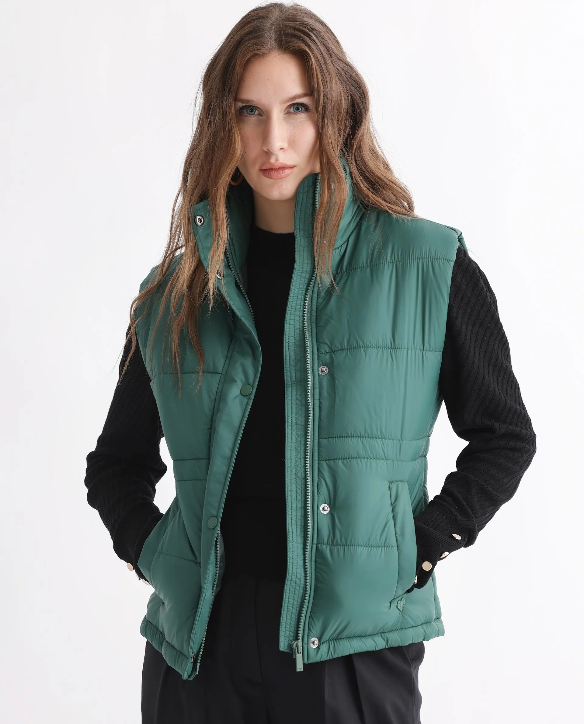 Rareism Women Ziazan Green Polyester Fabric Sleeveless Solid High Neck Jacket