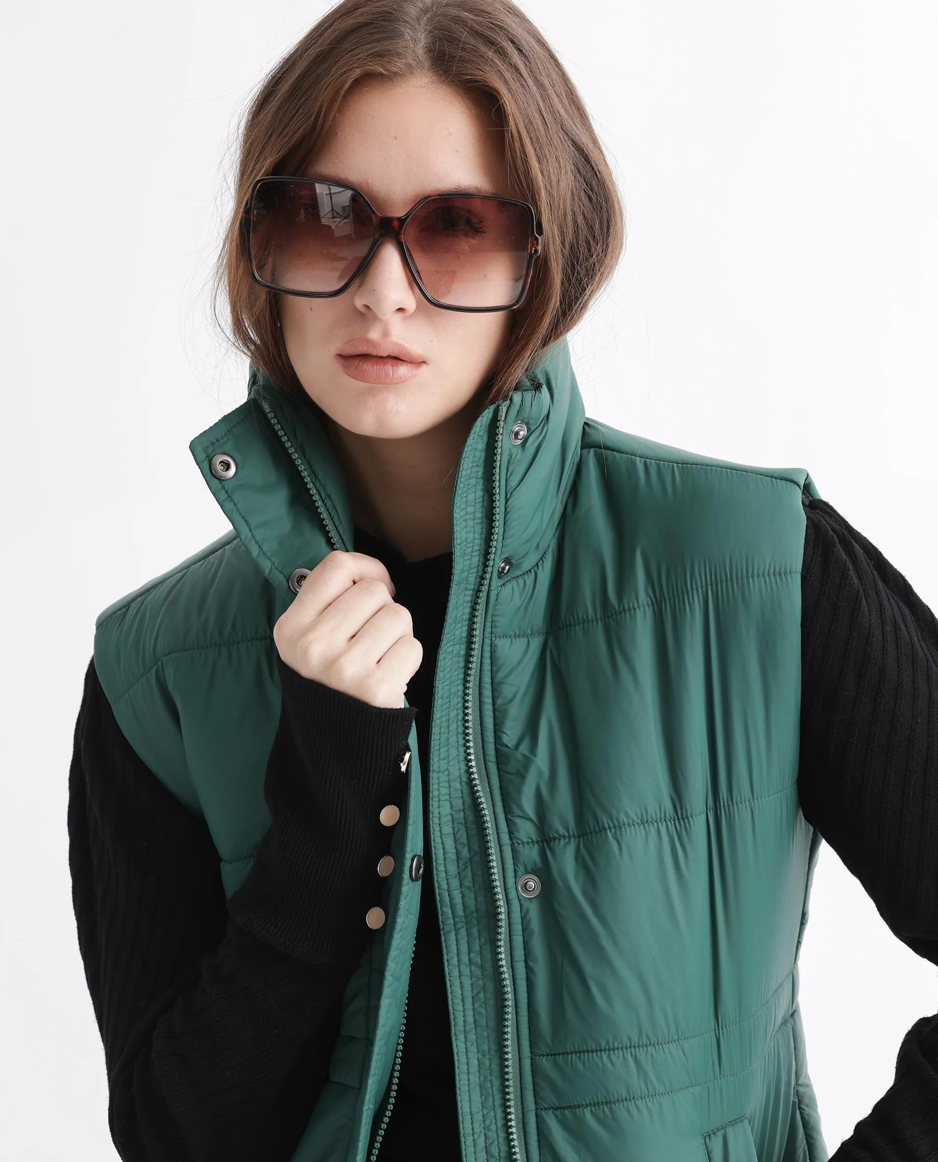 Rareism Women Ziazan Green Polyester Fabric Sleeveless Solid High Neck Jacket