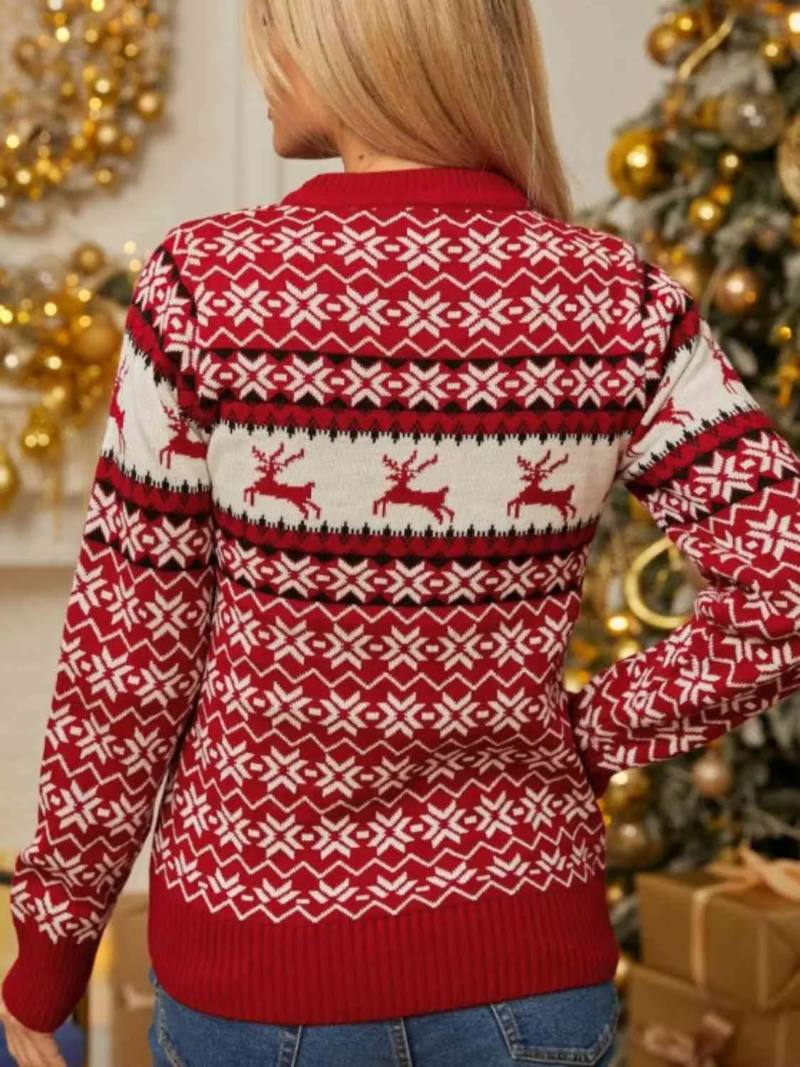 Reindeer and Snowflake Print Pullover Sweater