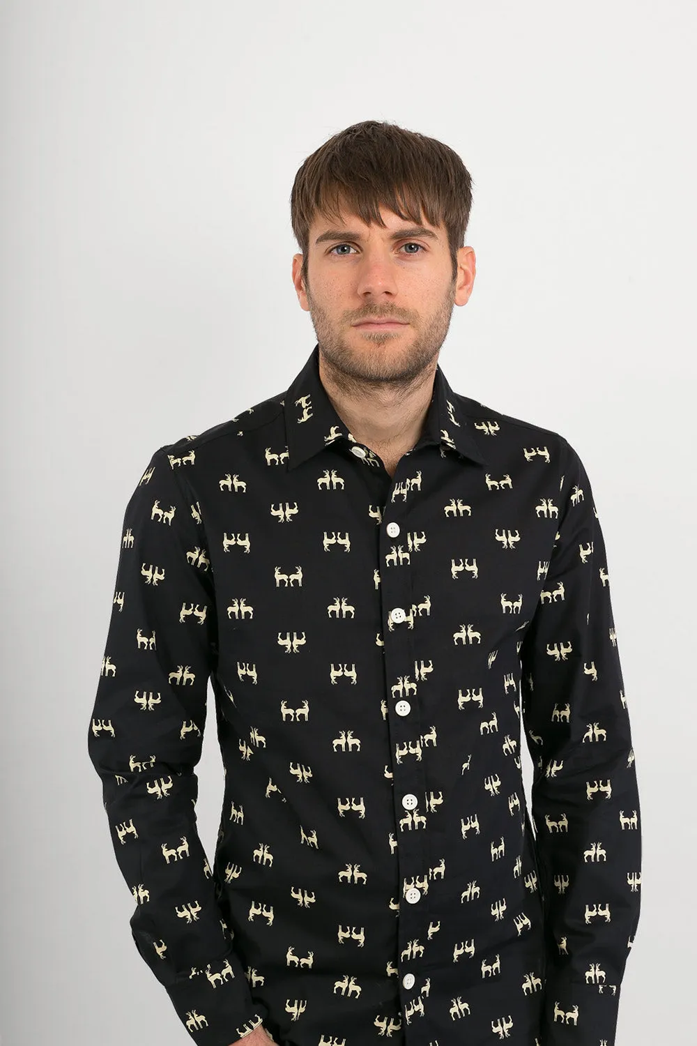 Reindeer Black Print Cotton Slim Fit Mens Shirt Long Sleeve