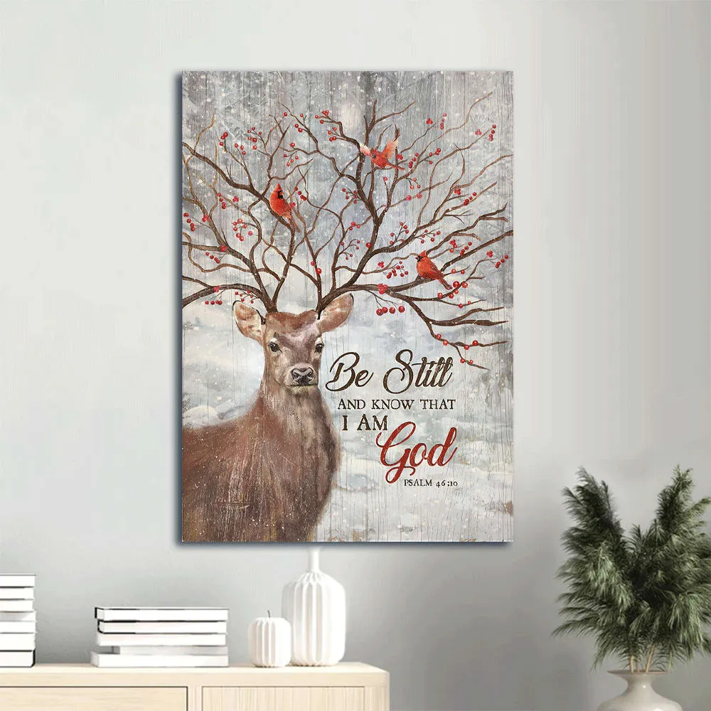 Reindeer Cardinal God Jesus Psalm 4610 Winter Forest Be Still And Know That I Am God Believer In Jesus Canvas Wall Art - Christian Gift