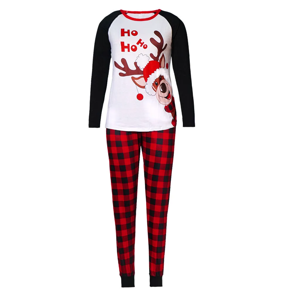 Reindeer Letter Print Ragaln-sleeve Red Plaid Pajamas Sets