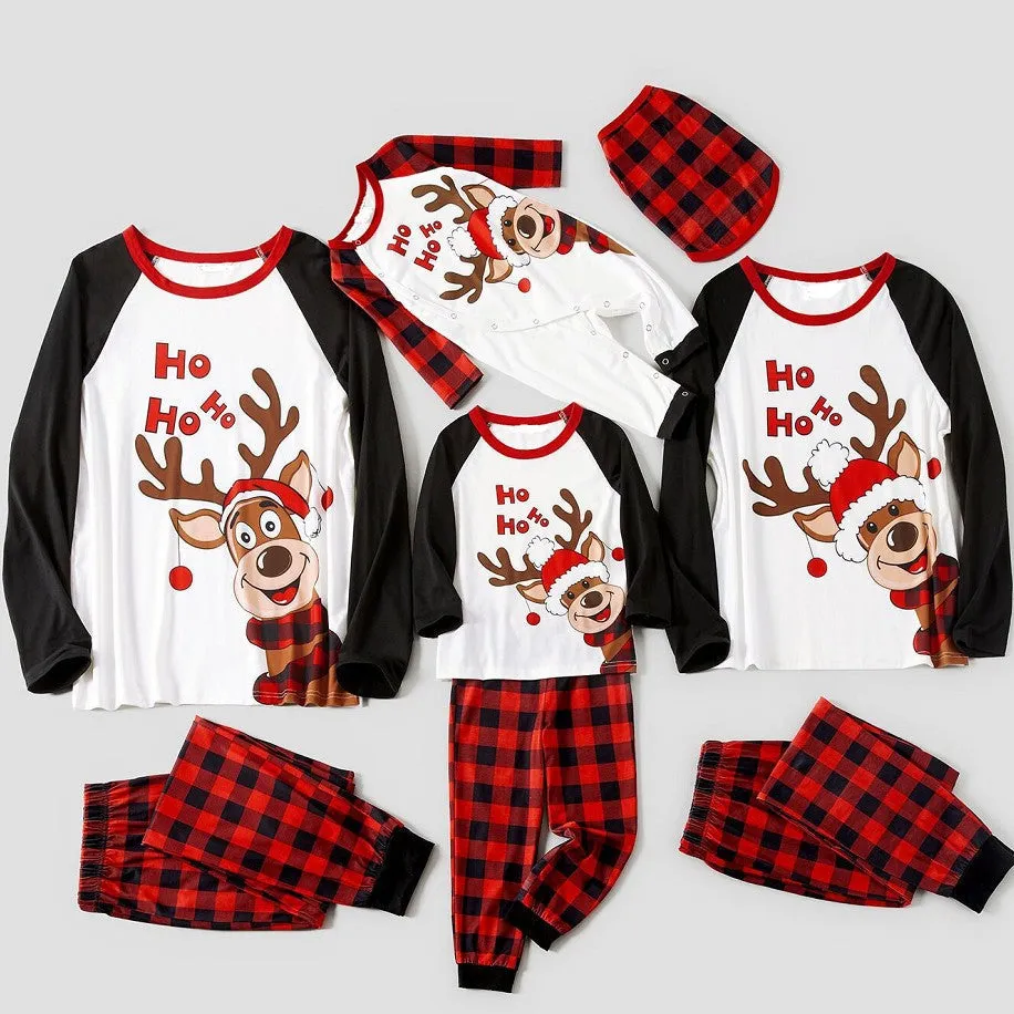 Reindeer Letter Print Ragaln-sleeve Red Plaid Pajamas Sets