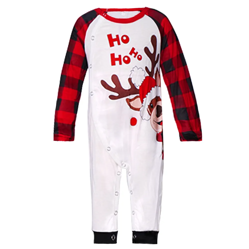 Reindeer Letter Print Ragaln-sleeve Red Plaid Pajamas Sets