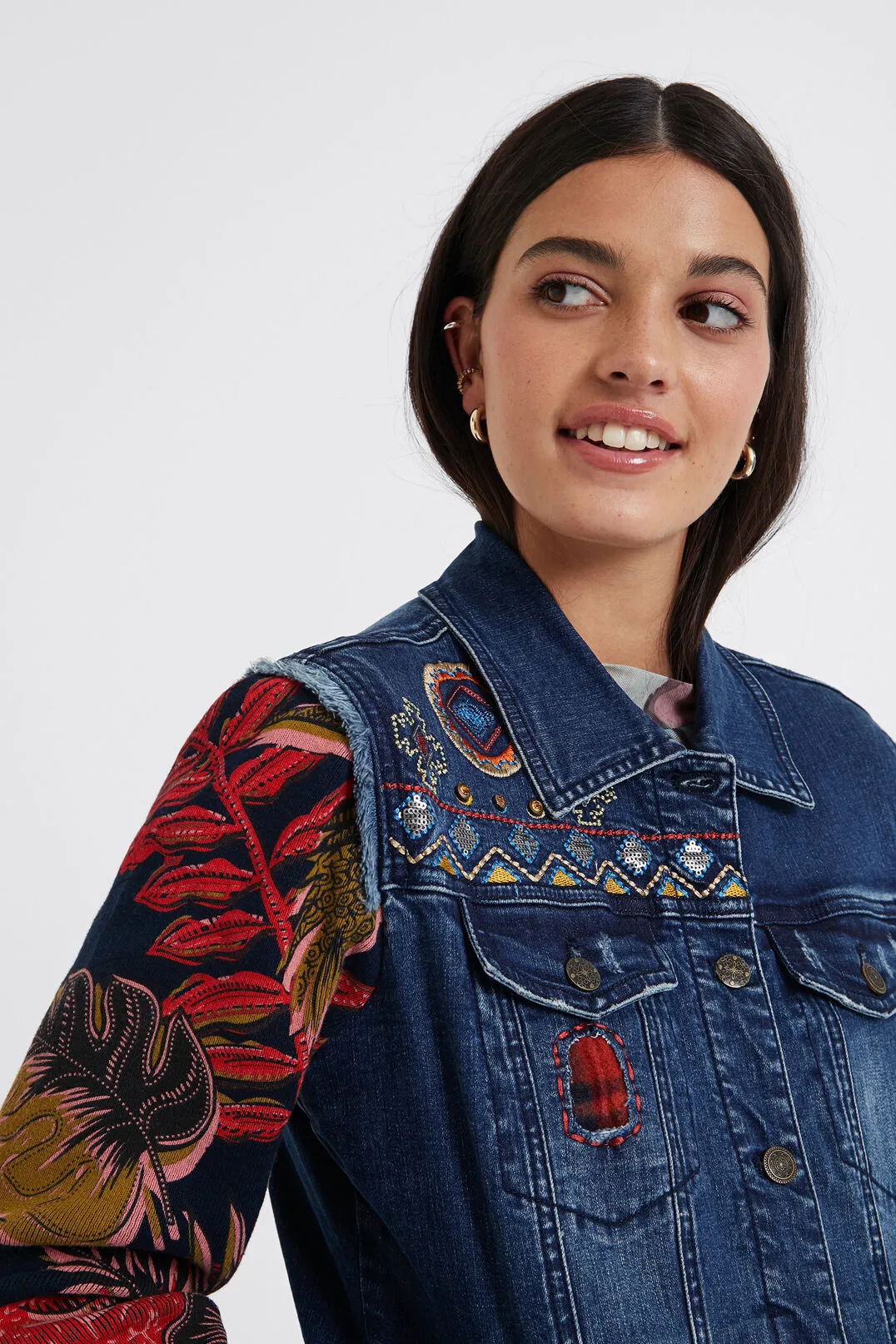 Removable Collar Mixed Fabric Denim Jacket - Desigual.