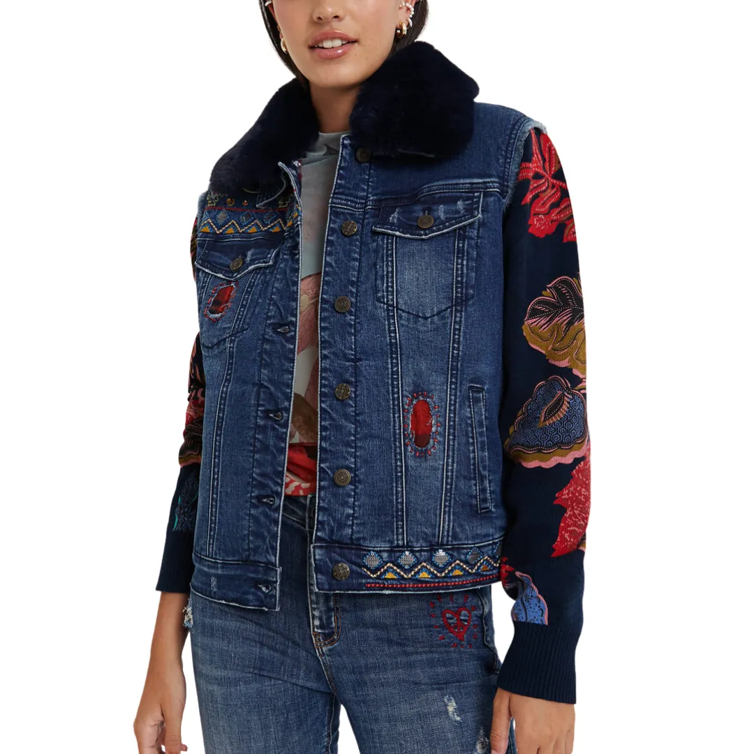 Removable Collar Mixed Fabric Denim Jacket - Desigual.