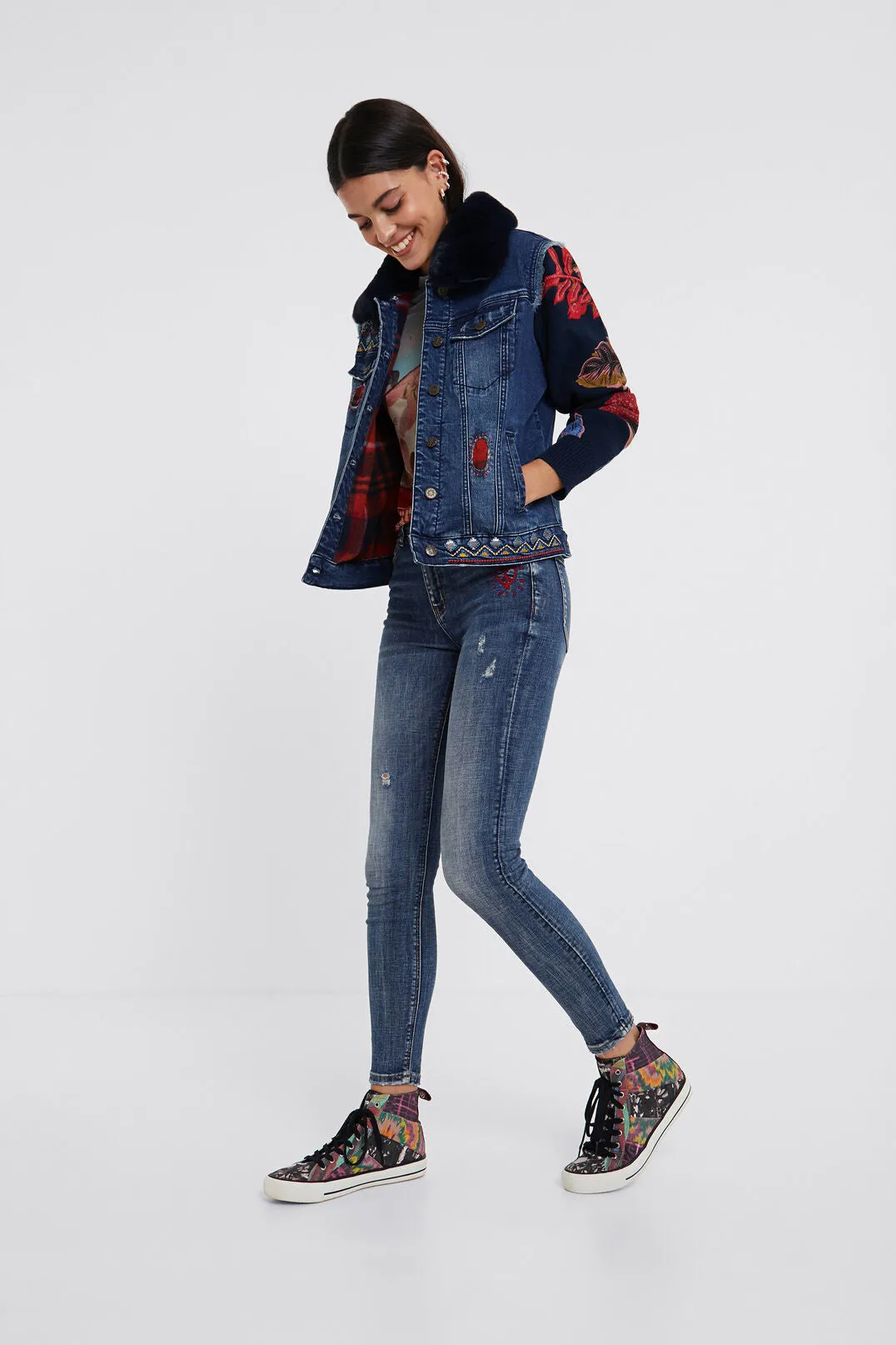 Removable Collar Mixed Fabric Denim Jacket - Desigual.