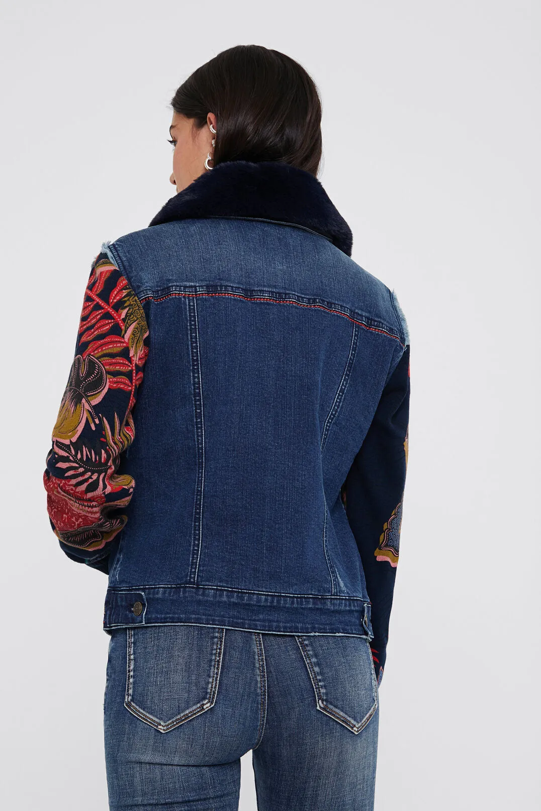 Removable Collar Mixed Fabric Denim Jacket - Desigual.