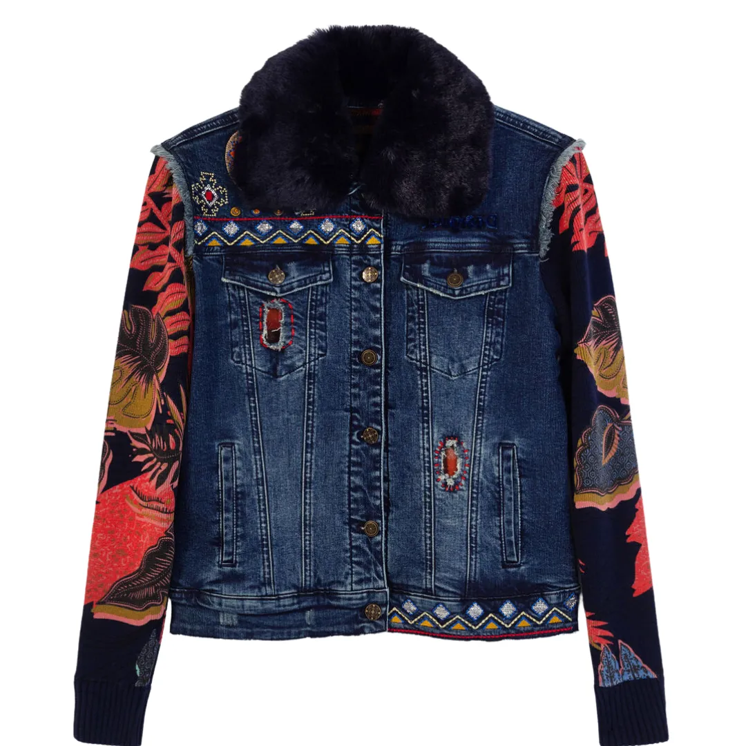 Removable Collar Mixed Fabric Denim Jacket - Desigual.