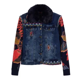 Removable Collar Mixed Fabric Denim Jacket - Desigual.