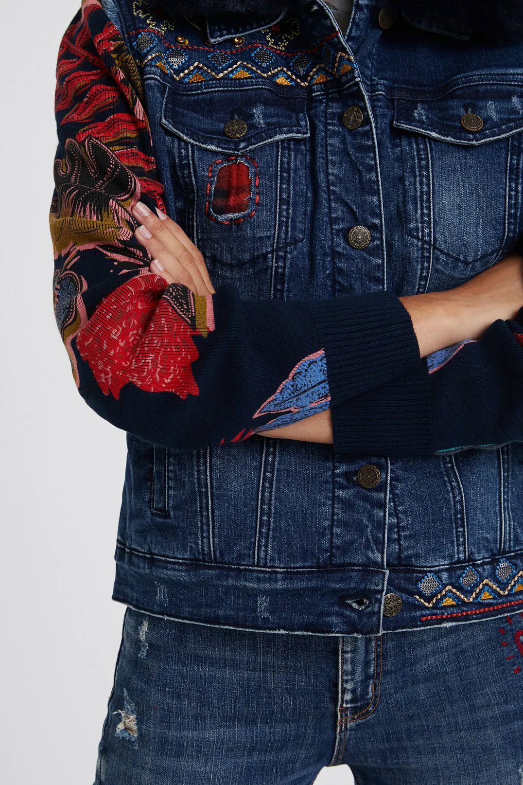 Removable Collar Mixed Fabric Denim Jacket - Desigual.