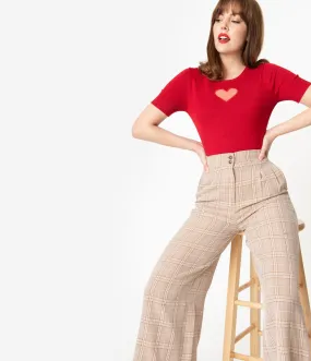 Retro Style Light Brown Plaid Wide Leg Pants